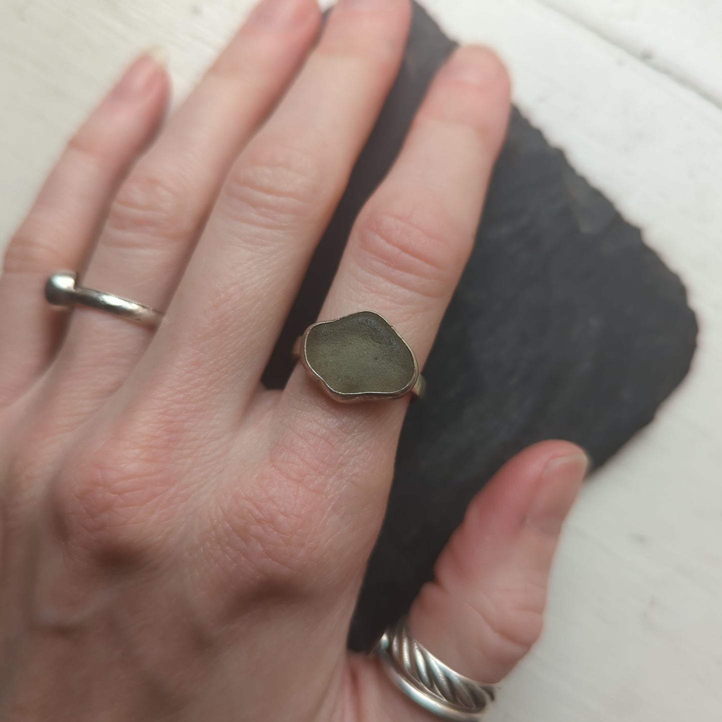 Clear Seaglass Cloud Sterling Silver Ring - Size 7.5