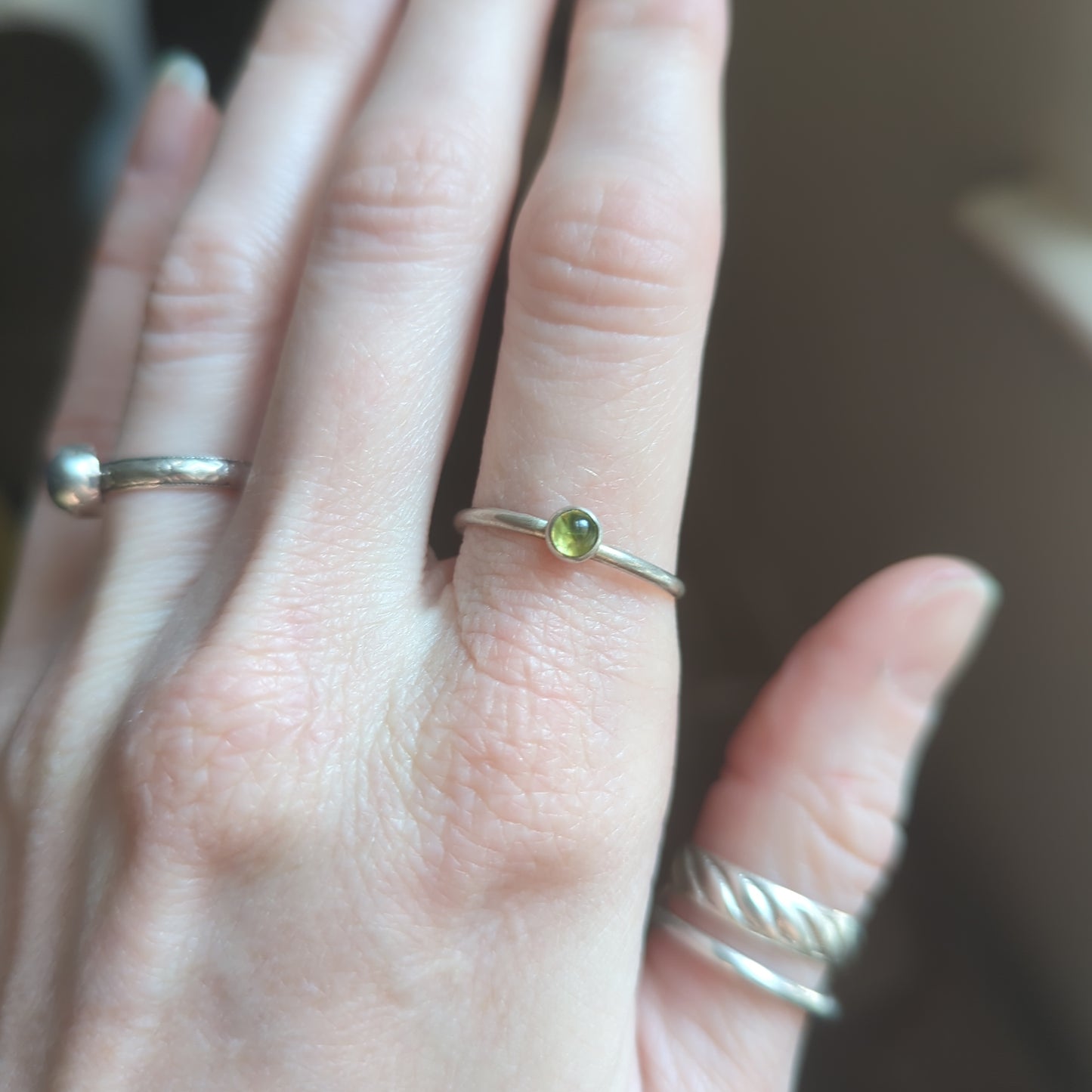 4mm Peridot Sterling Silver Stacker Ring - Size 8 + 9.5