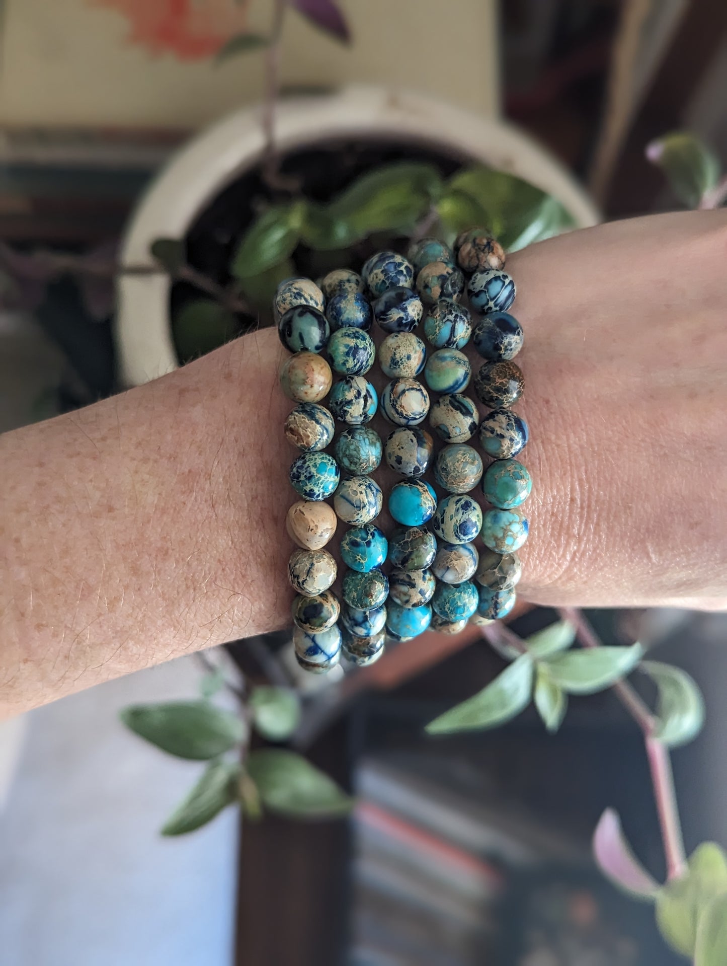 Pulseras de jaspe sedimentario marino azul (varios tamaños disponibles)