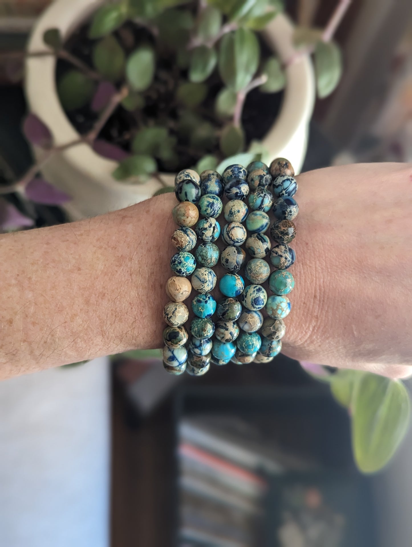 Pulseras de jaspe sedimentario marino azul (varios tamaños disponibles)