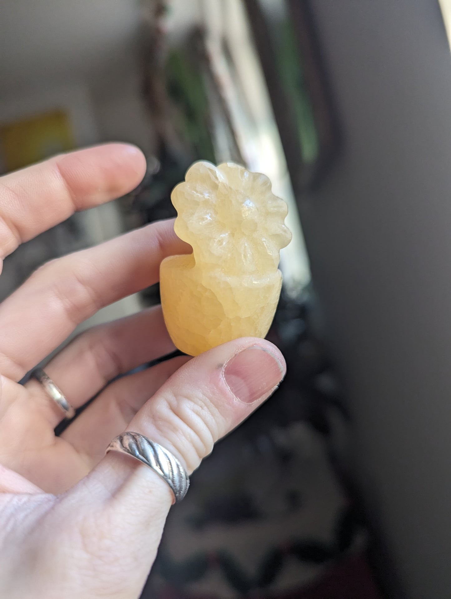 Orange Calcite Carved Flower in Pot