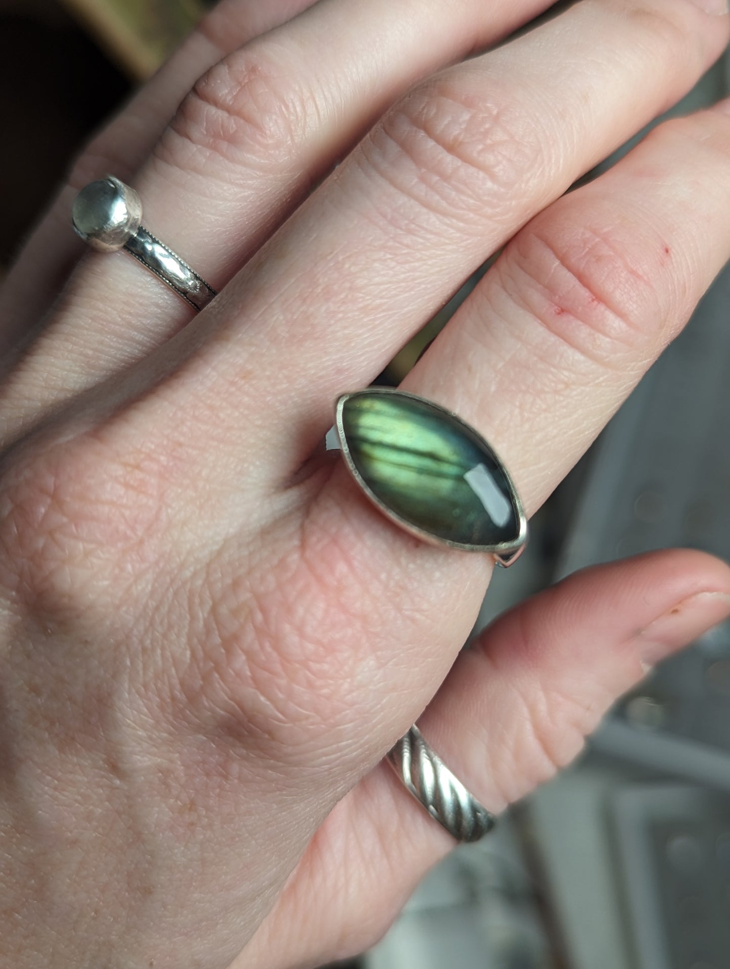 Labradorite Horizontal Marquise Sterling Silver Ring - Size 10.5