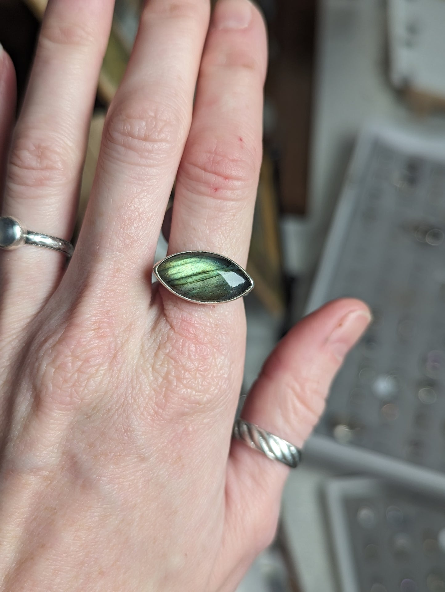 Labradorite Horizontal Marquise Sterling Silver Ring - Size 10.5