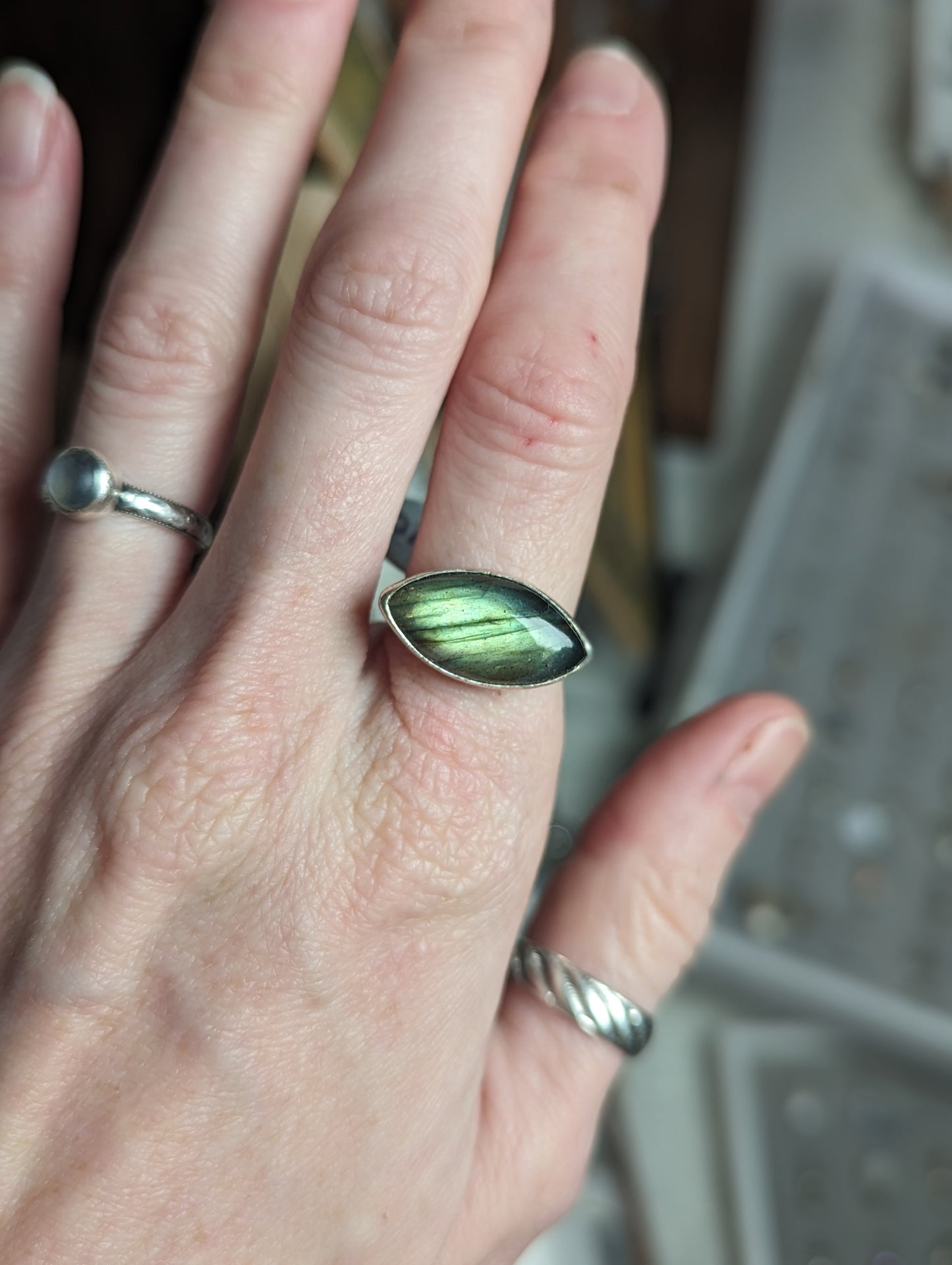 Labradorite Horizontal Marquise Sterling Silver Ring - Size 10.5
