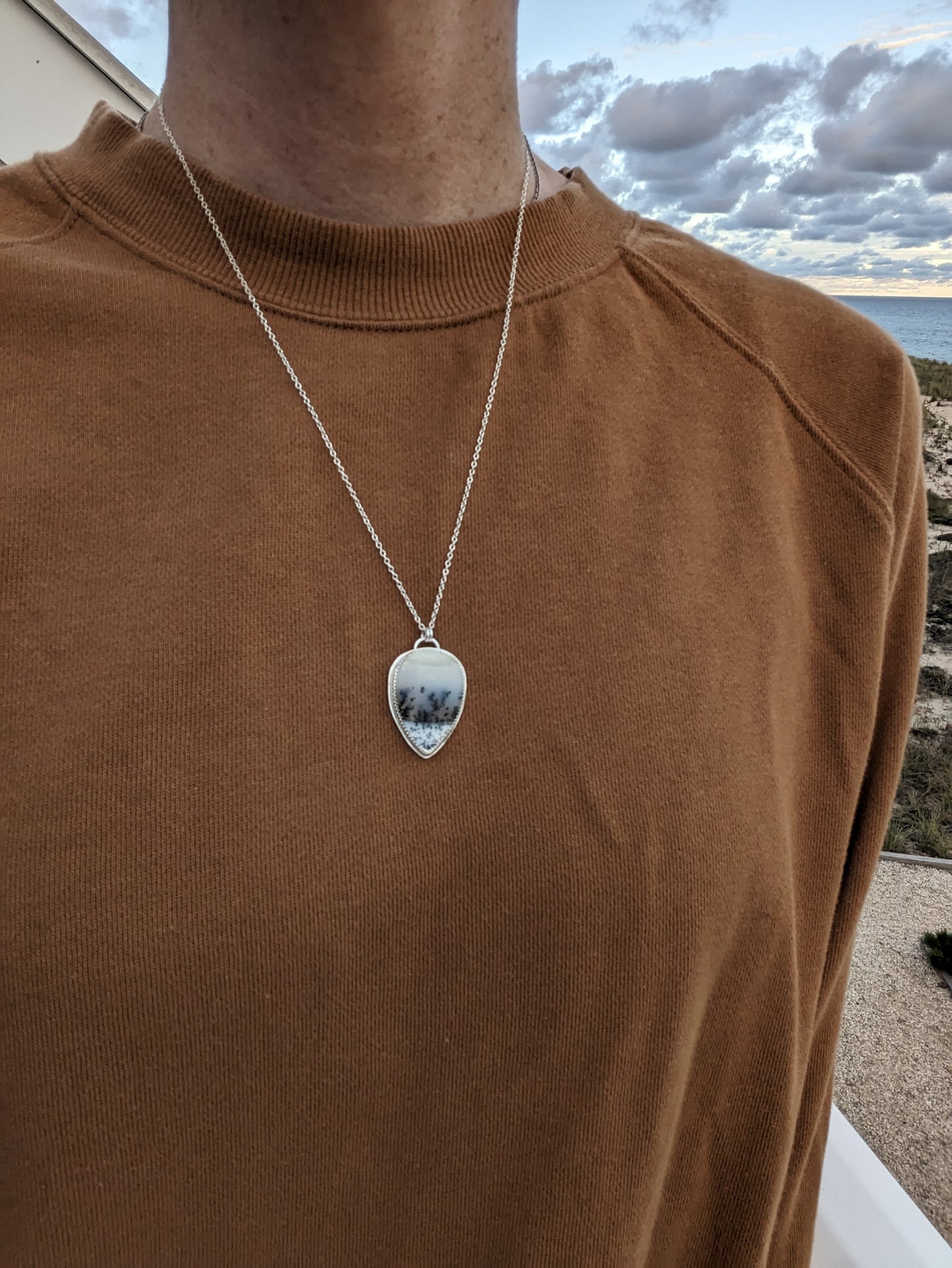 Dendritic Agate Tear Drop Sterling Silver Necklace