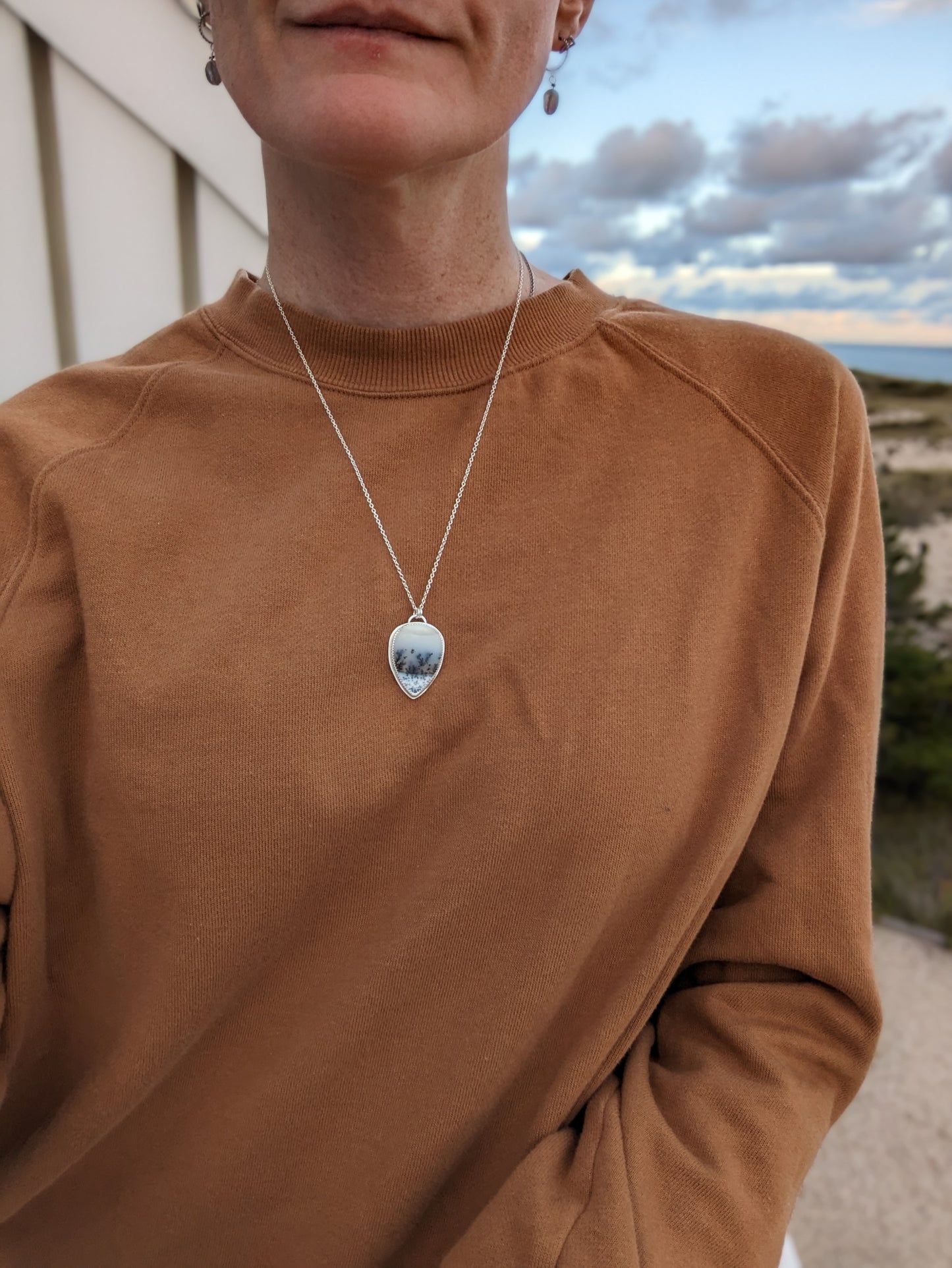 Dendritic Agate Tear Drop Sterling Silver Necklace