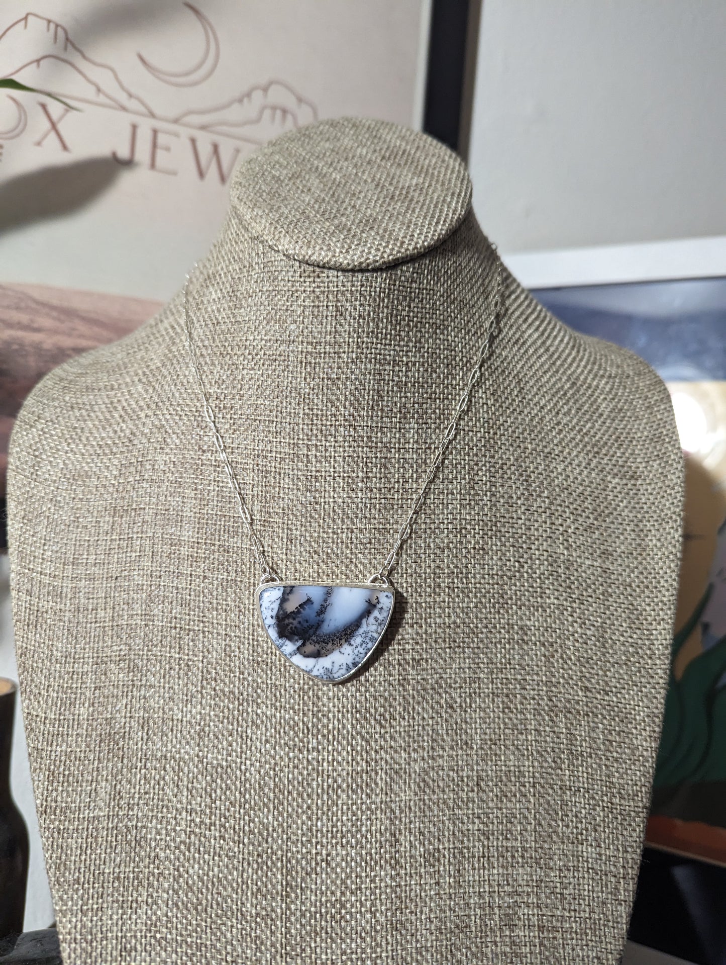 Dendritic Agate Half Moon Sterling Silver Necklace