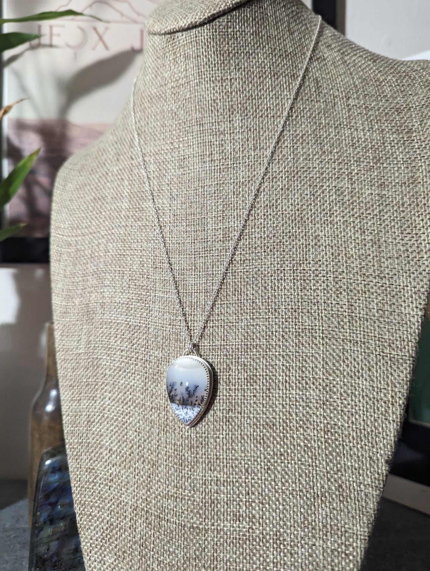 Dendritic Agate Tear Drop Sterling Silver Necklace