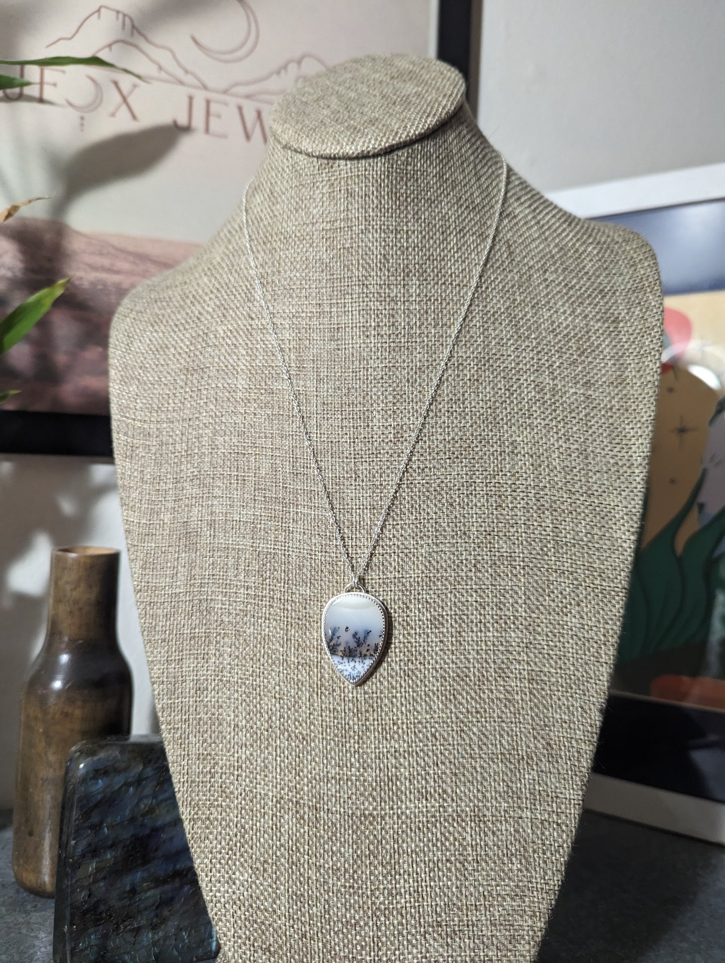Dendritic Agate Tear Drop Sterling Silver Necklace