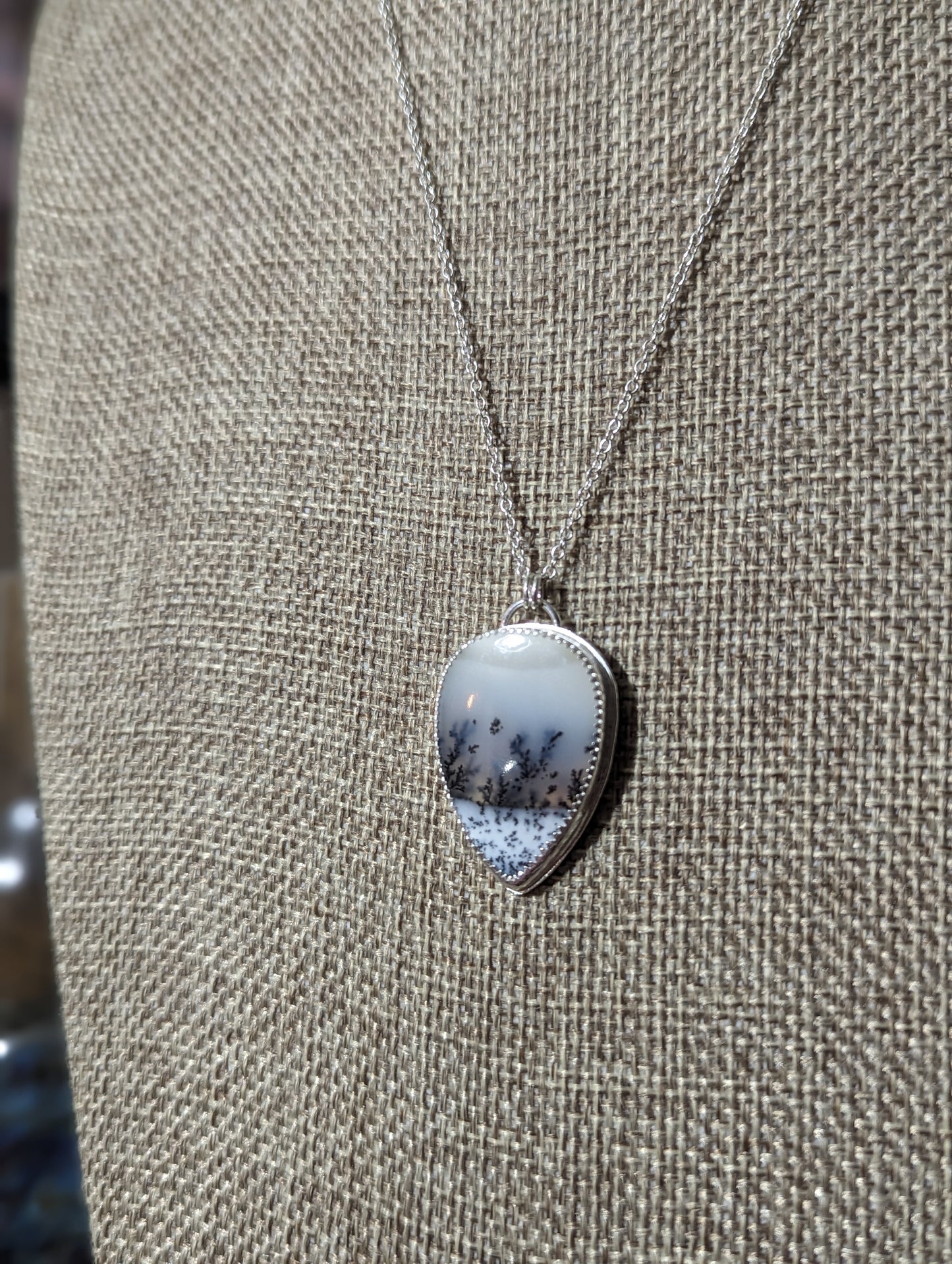 Dendritic Agate Tear Drop Sterling Silver Necklace