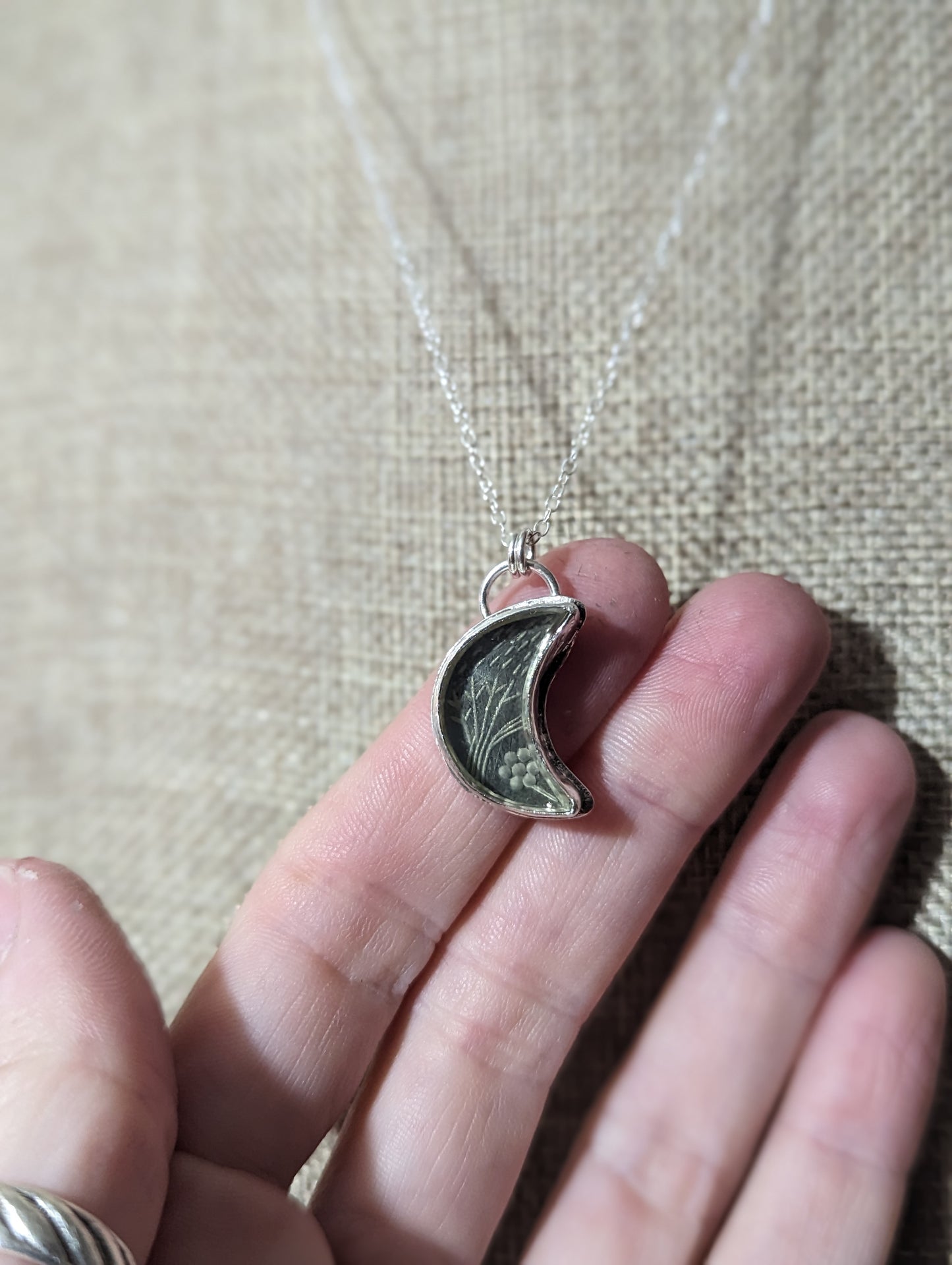 Etched Lemon Quartz Crescent Moon Sterling Silver Necklace