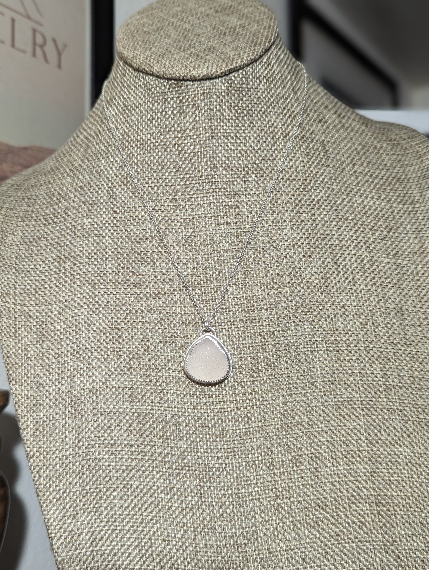 White Druzy Tear Drop Sterling Silver Necklace