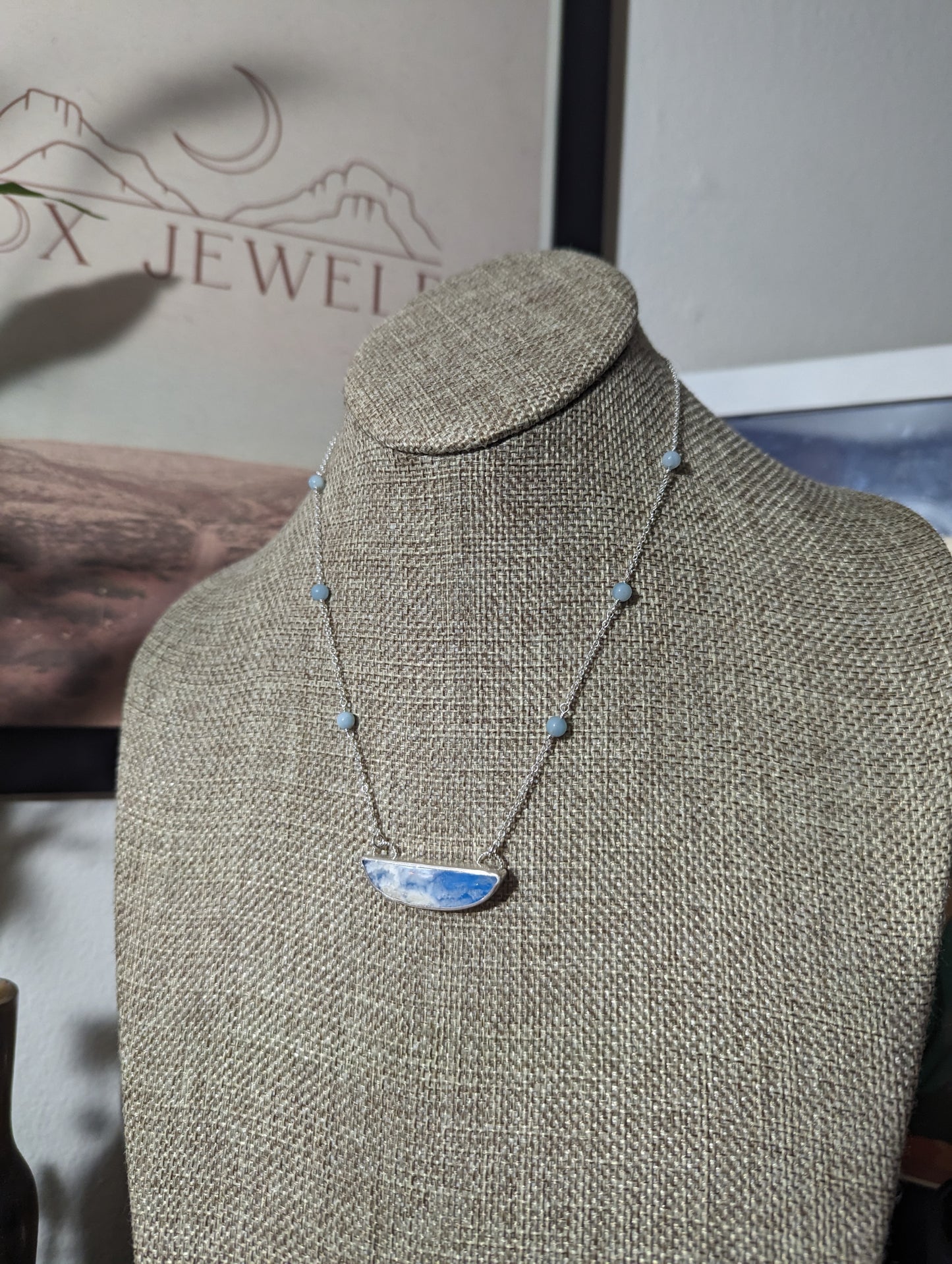 Blue Sky Half Moon Beaded Sterling Silver Necklace