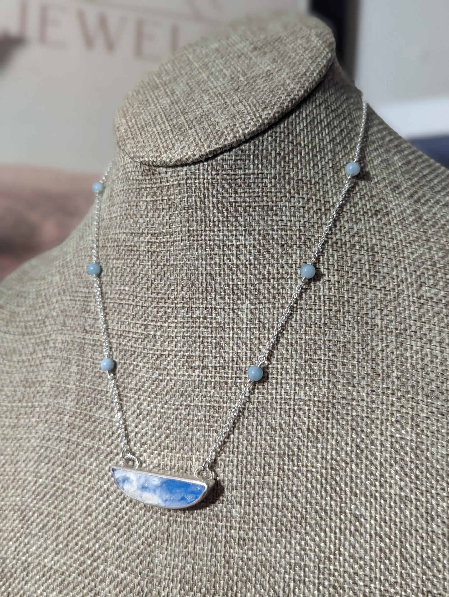 Blue Sky Half Moon Beaded Sterling Silver Necklace