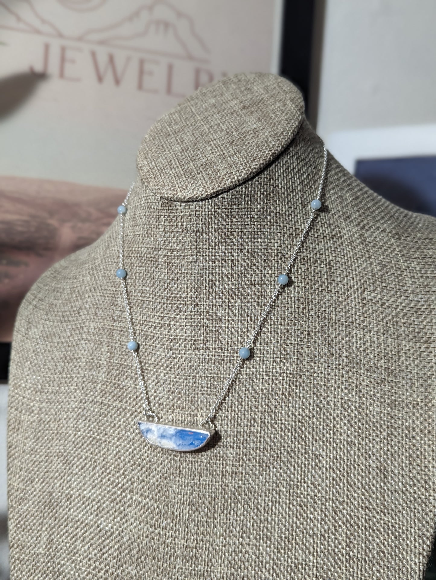 Blue Sky Half Moon Beaded Sterling Silver Necklace