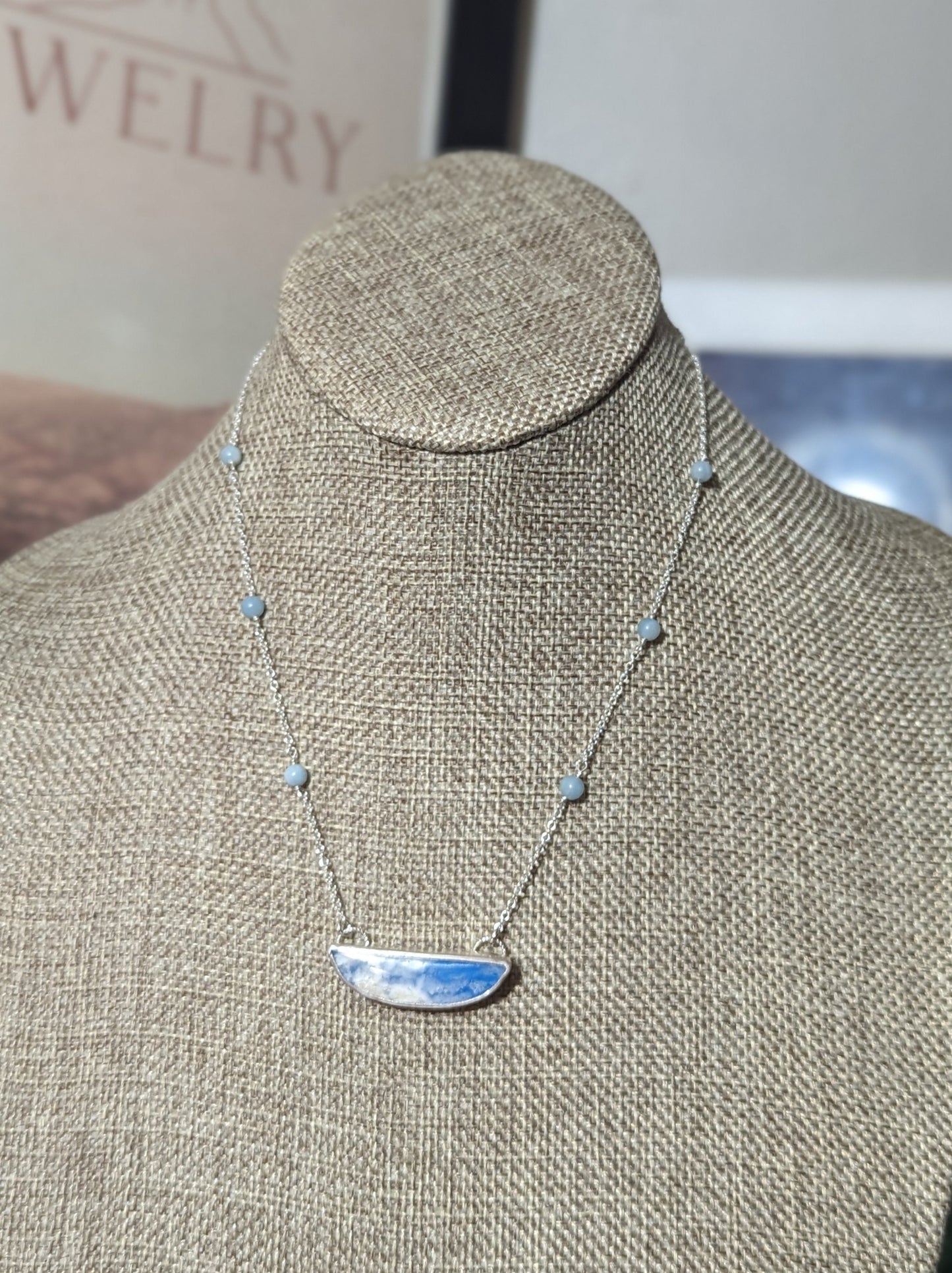 Blue Sky Half Moon Beaded Sterling Silver Necklace