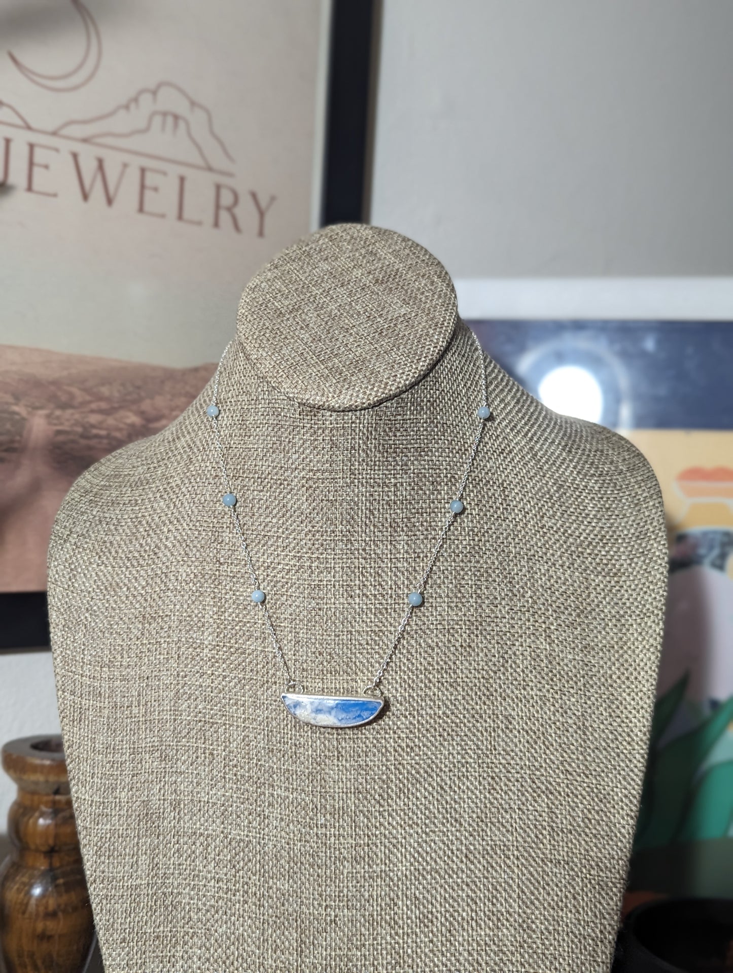 Blue Sky Half Moon Beaded Sterling Silver Necklace