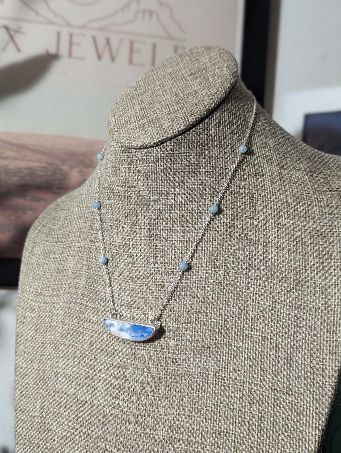 Blue Sky Half Moon Beaded Sterling Silver Necklace