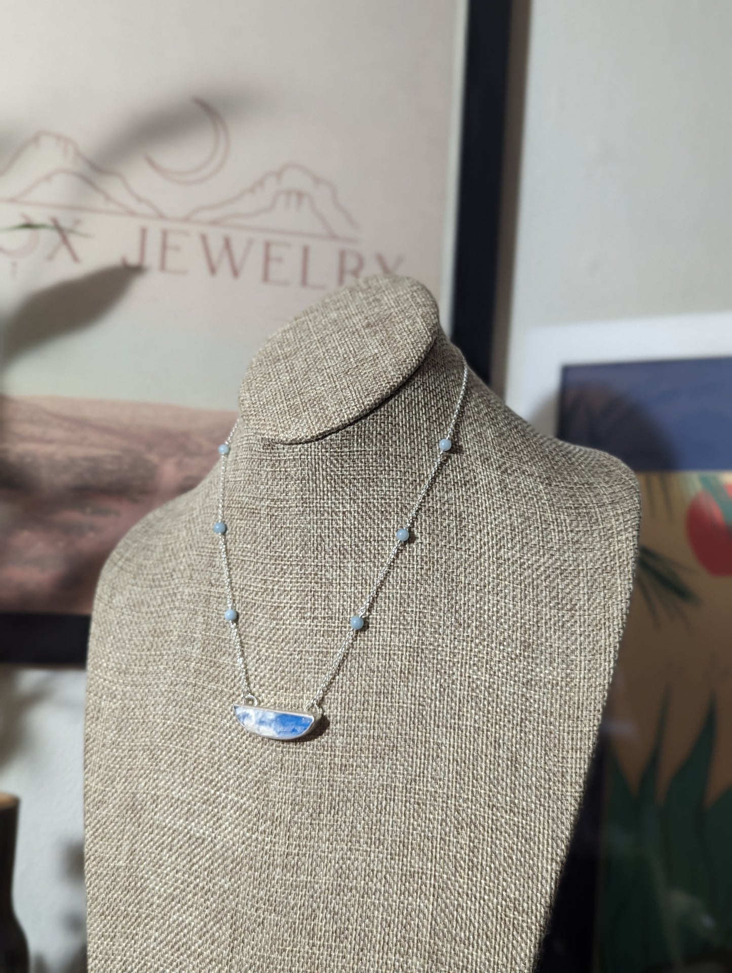 Blue Sky Half Moon Beaded Sterling Silver Necklace