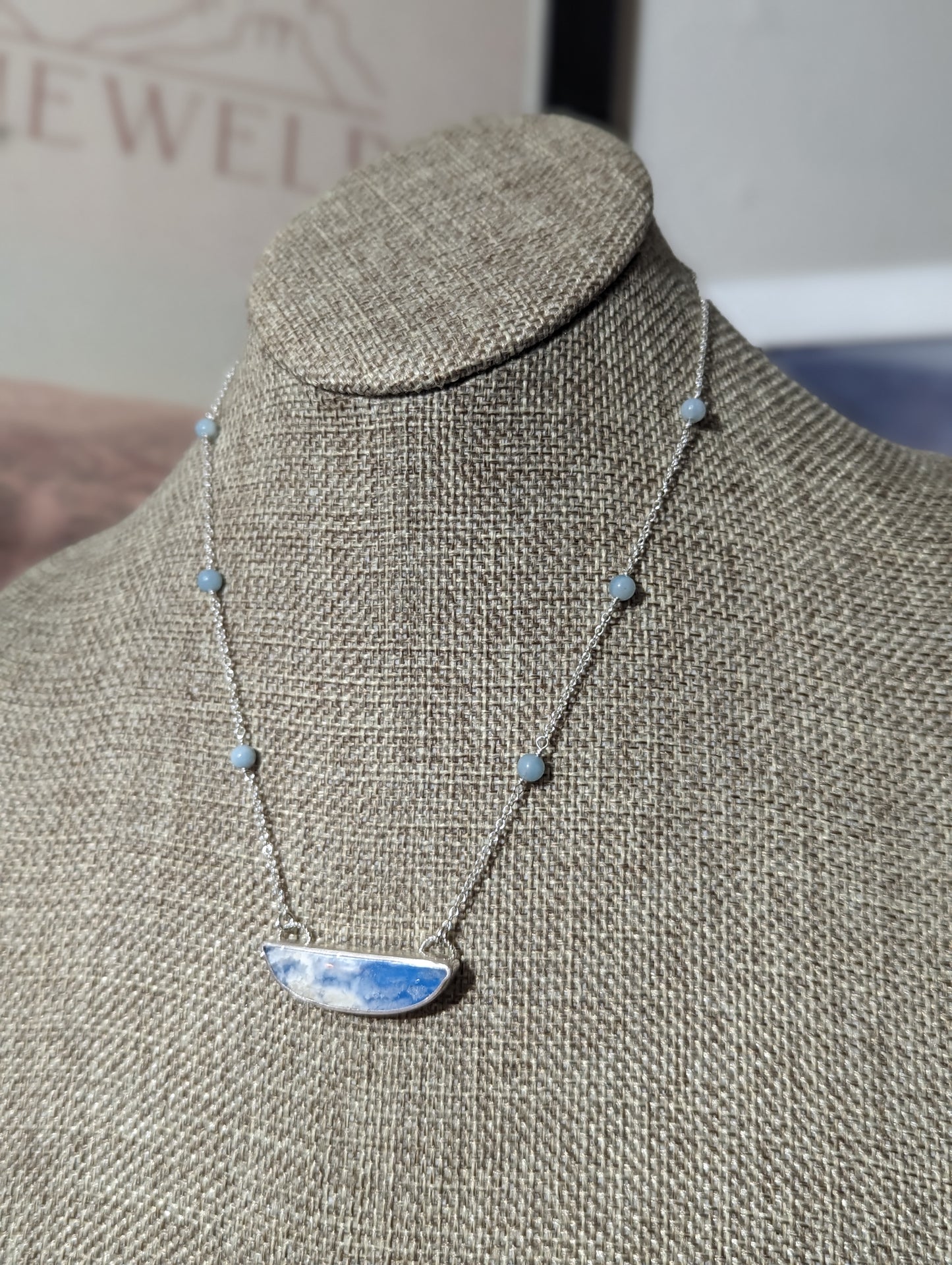 Blue Sky Half Moon Beaded Sterling Silver Necklace