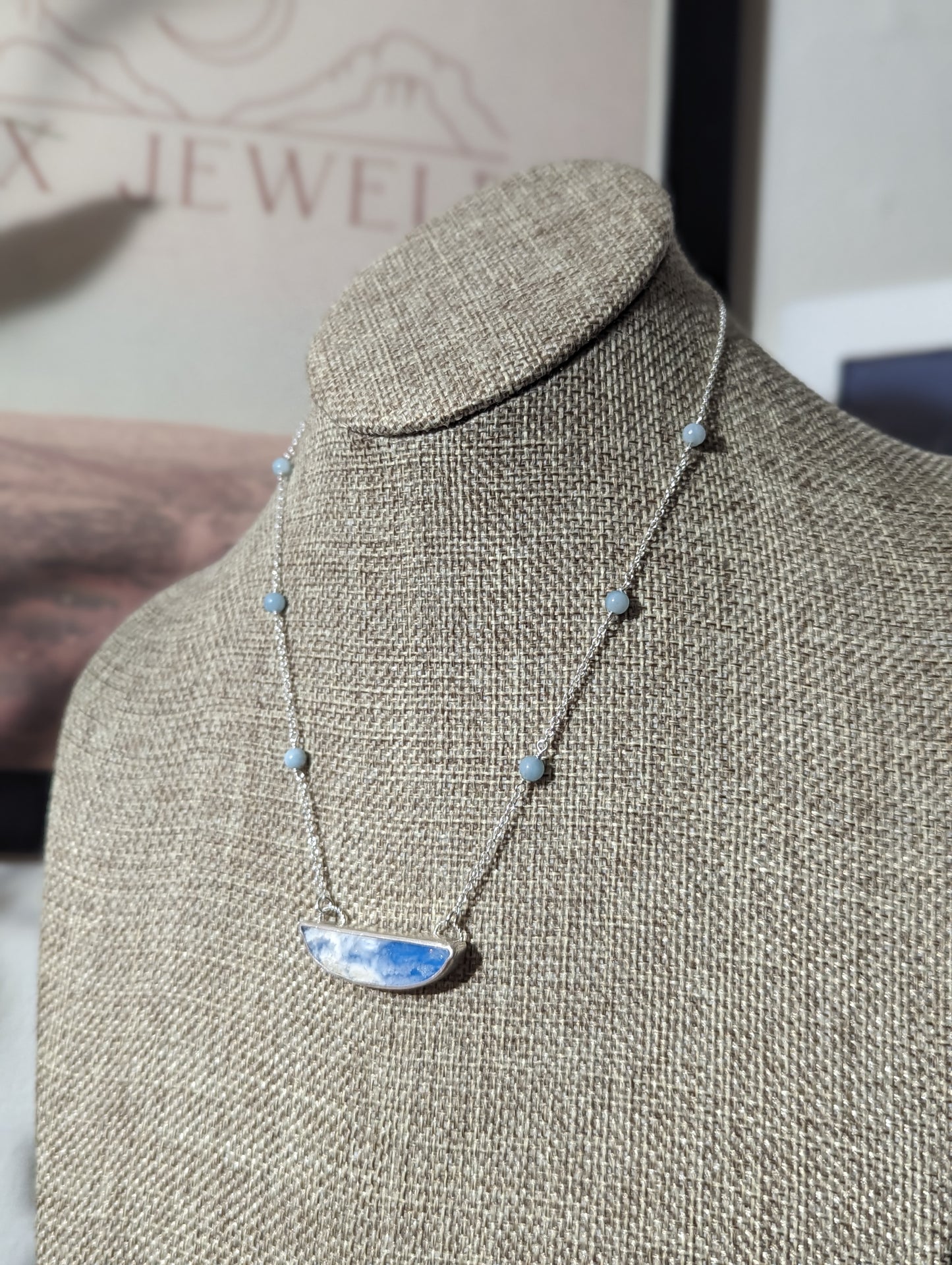 Blue Sky Half Moon Beaded Sterling Silver Necklace