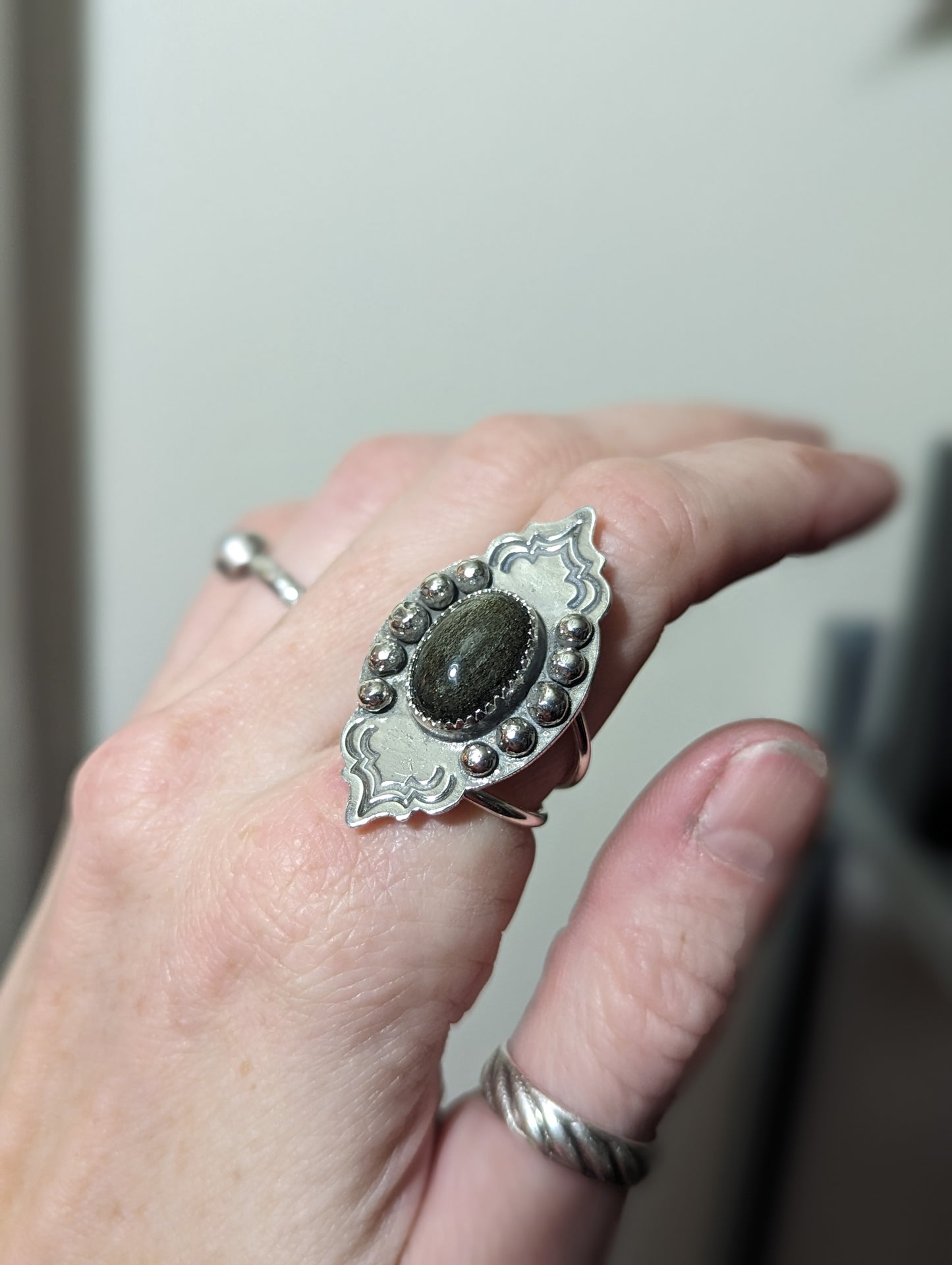 Silver Sheen Obsidian Stamped Ring - Size 7