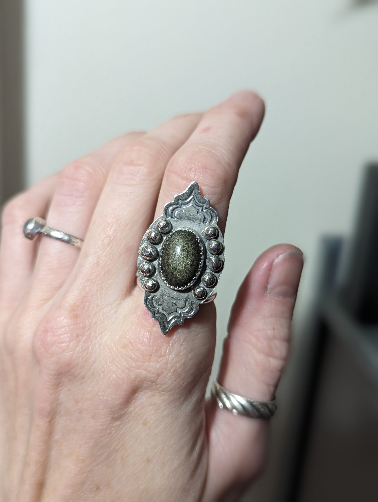 Silver Sheen Obsidian Stamped Ring - Size 7