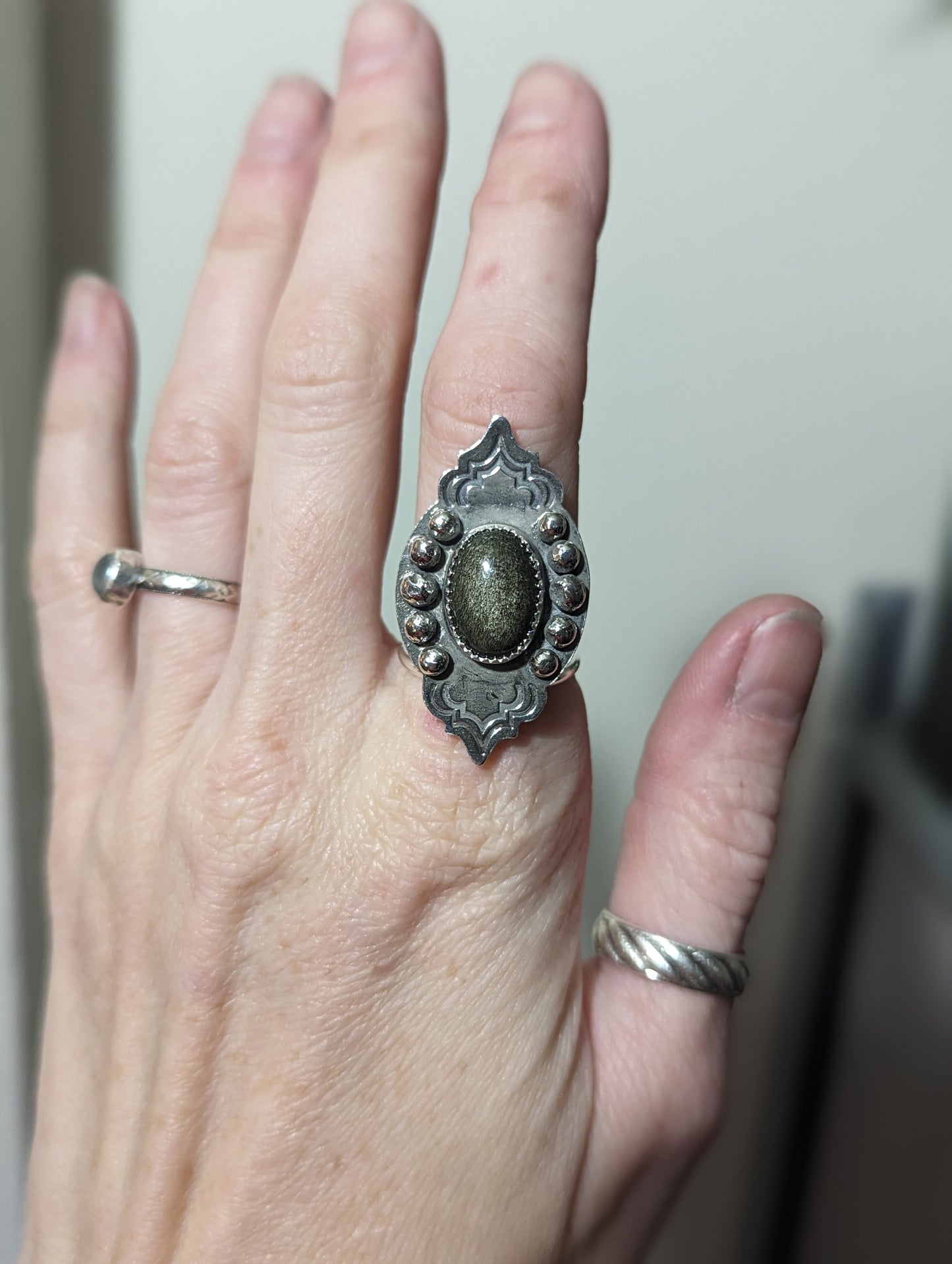 Silver Sheen Obsidian Stamped Ring - Size 7