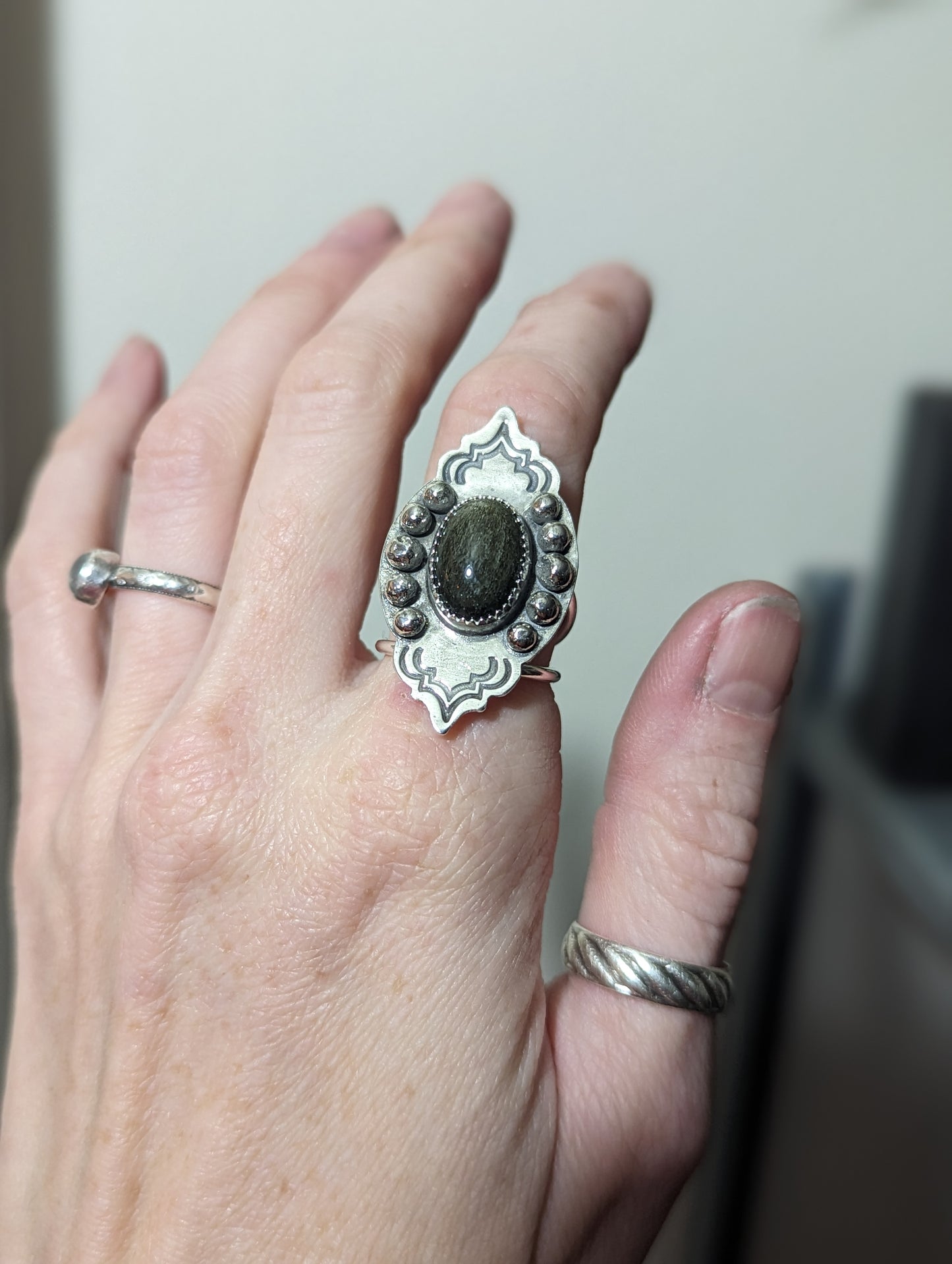 Silver Sheen Obsidian Stamped Ring - Size 7