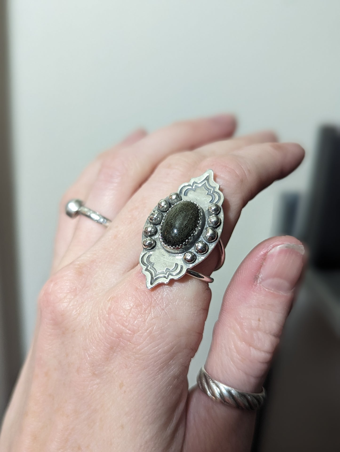 Silver Sheen Obsidian Stamped Ring - Size 7