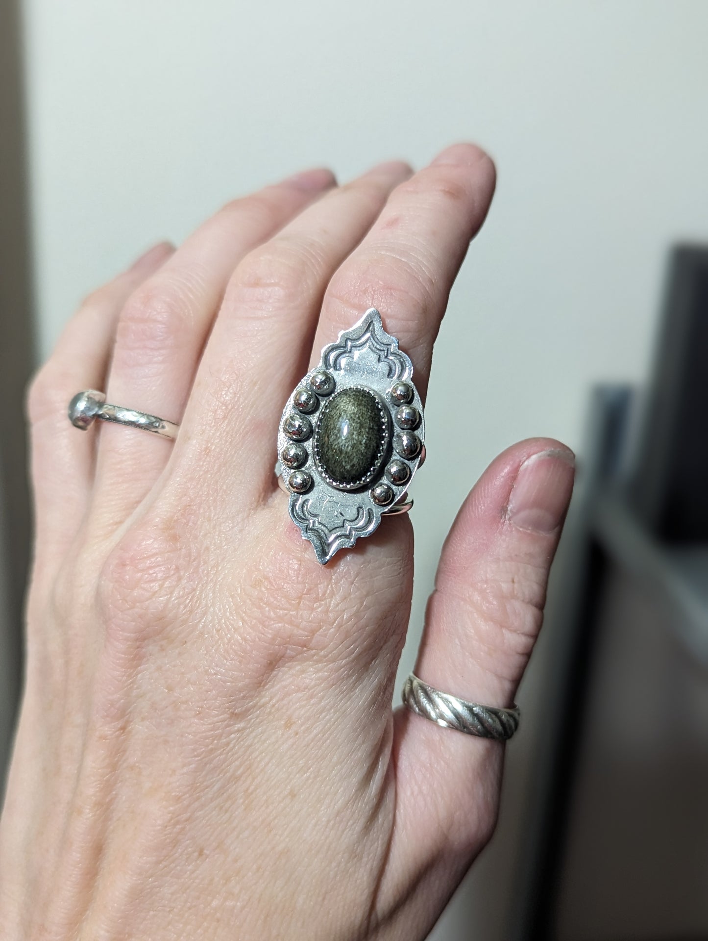 Silver Sheen Obsidian Stamped Ring - Size 7