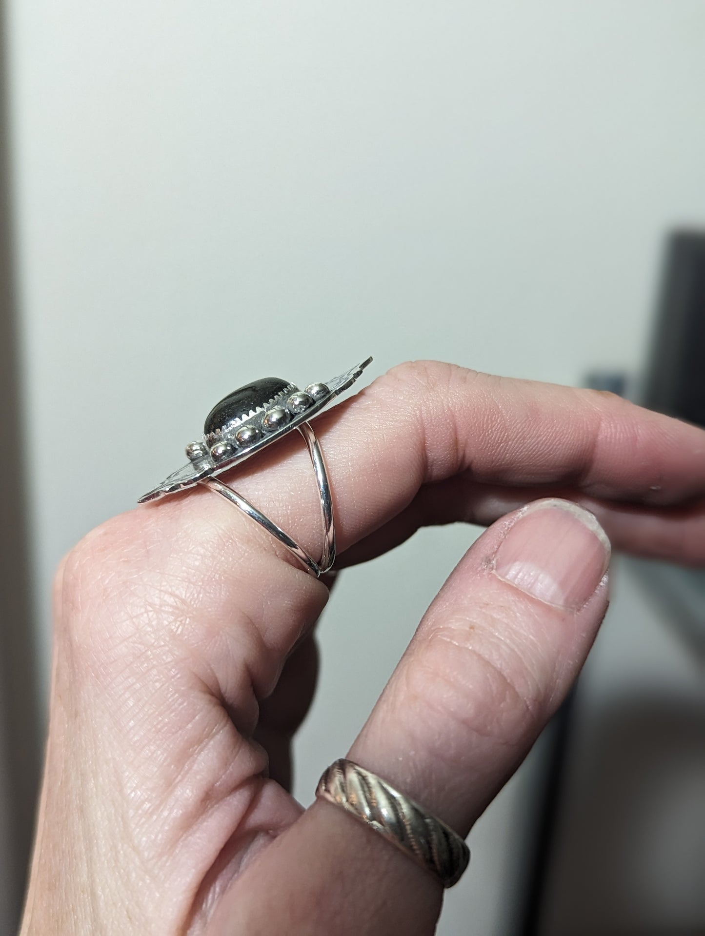 Silver Sheen Obsidian Stamped Ring - Size 7