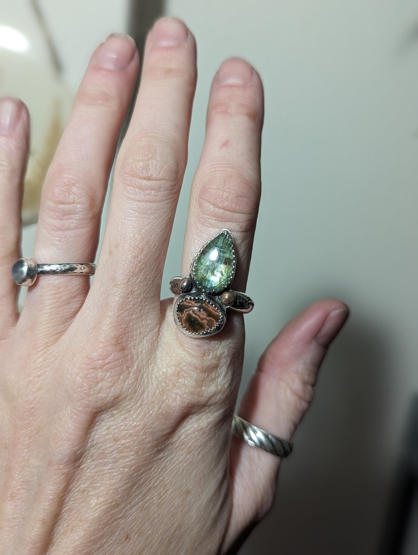 Green Kyanite and Ocean Jasper Ring - Size 7.5