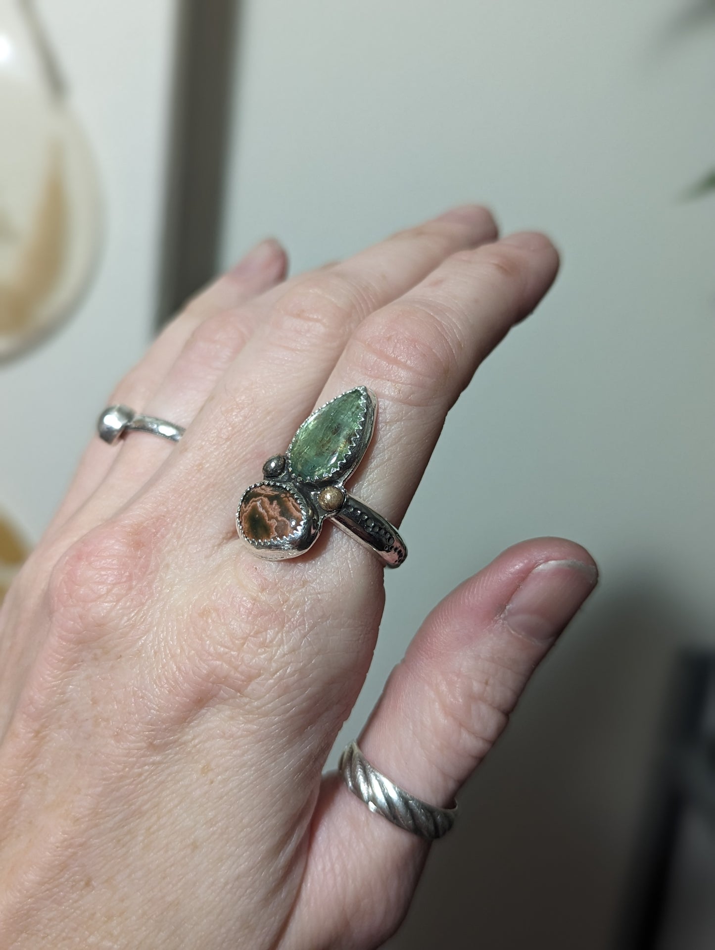 Green Kyanite and Ocean Jasper Ring - Size 7.5