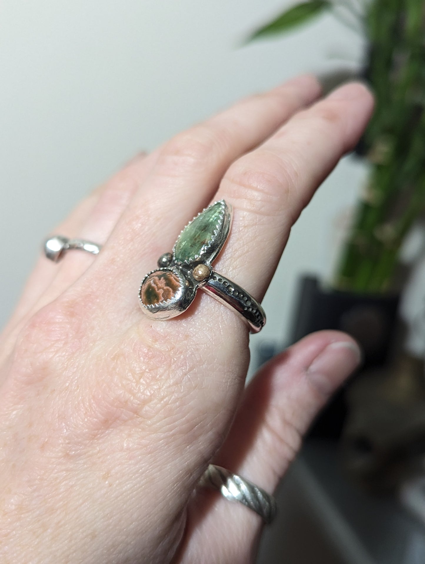 Green Kyanite and Ocean Jasper Ring - Size 7.5