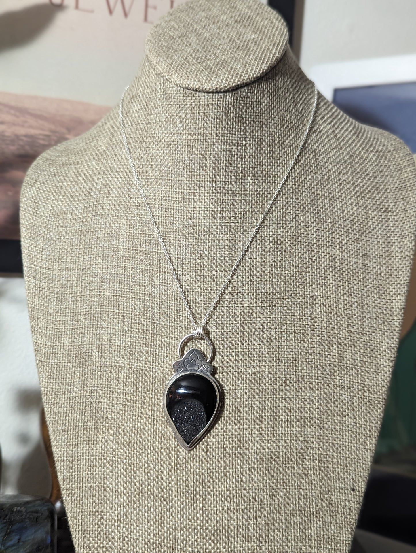 Black Druzy Stamped Sterling Silver Necklace