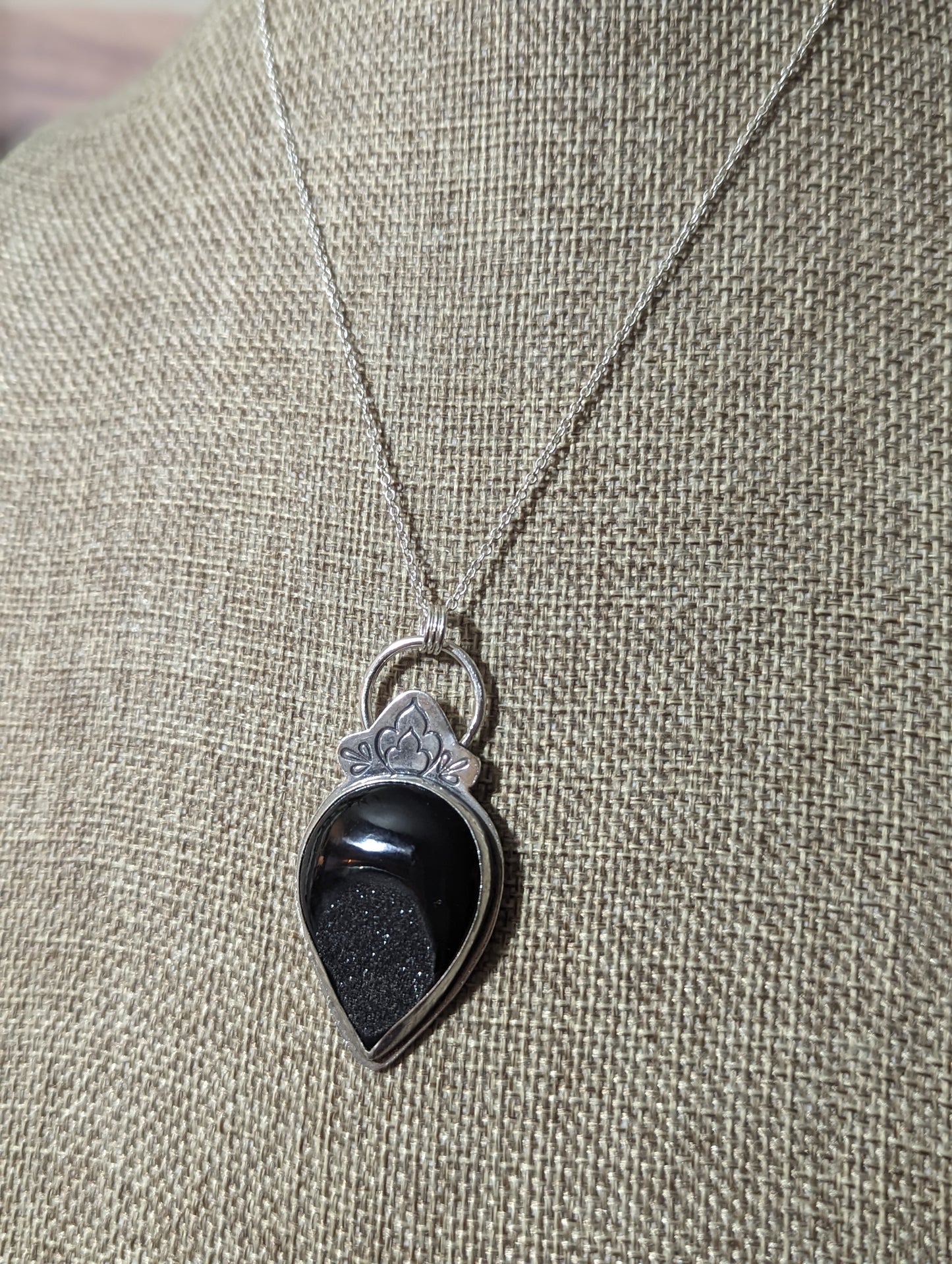 Black Druzy Stamped Sterling Silver Necklace