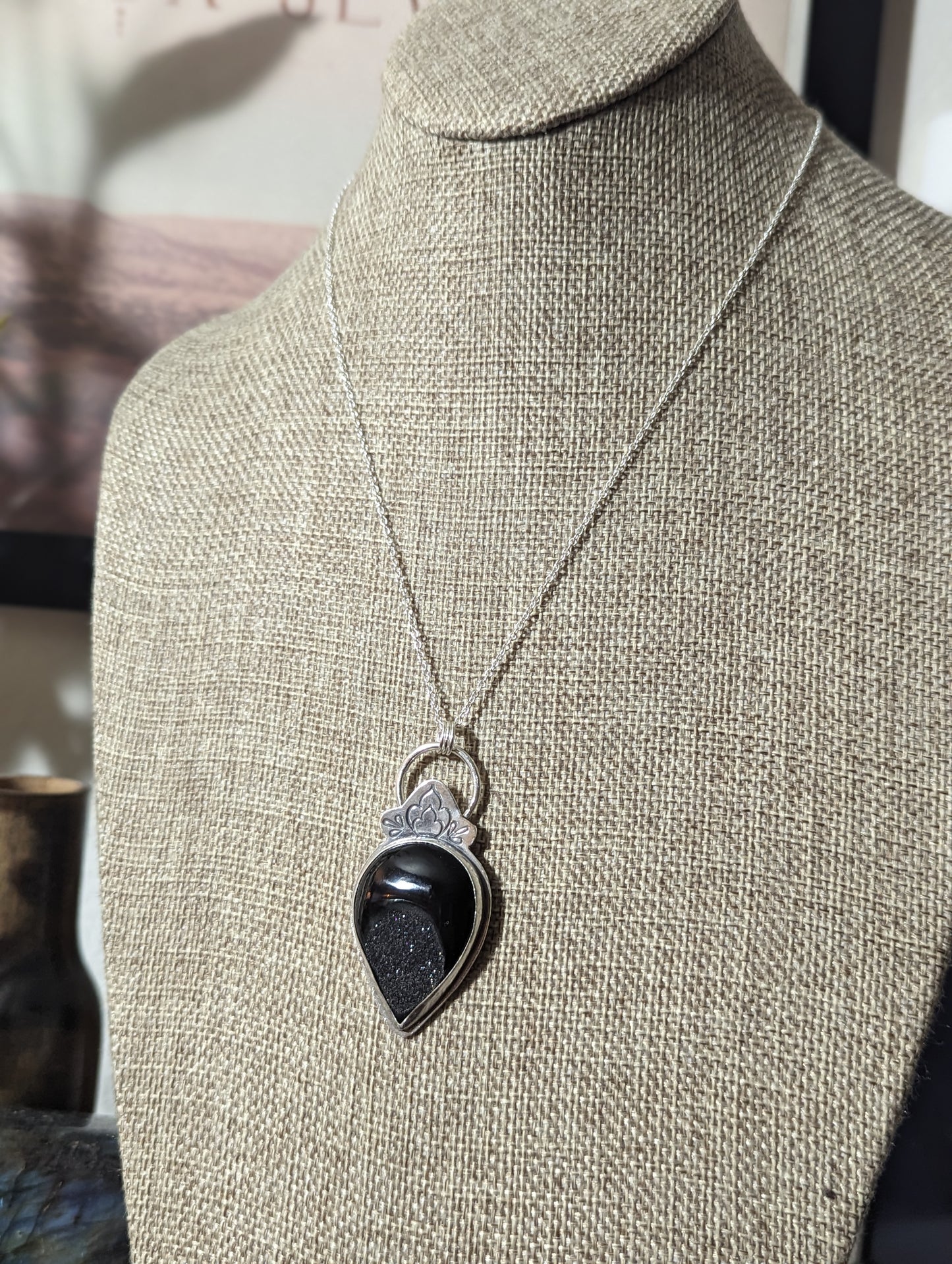 Black Druzy Stamped Sterling Silver Necklace