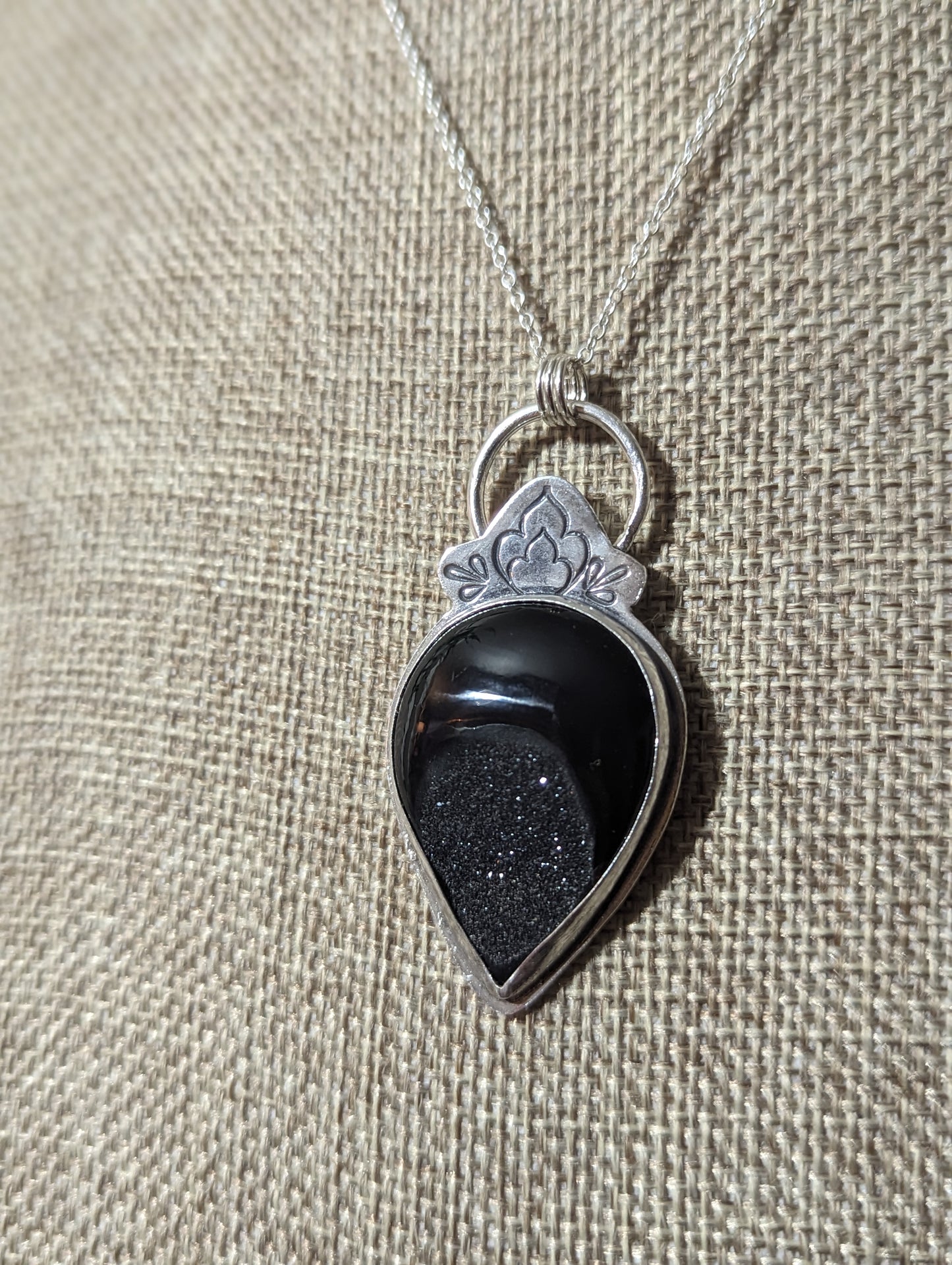 Black Druzy Stamped Sterling Silver Necklace