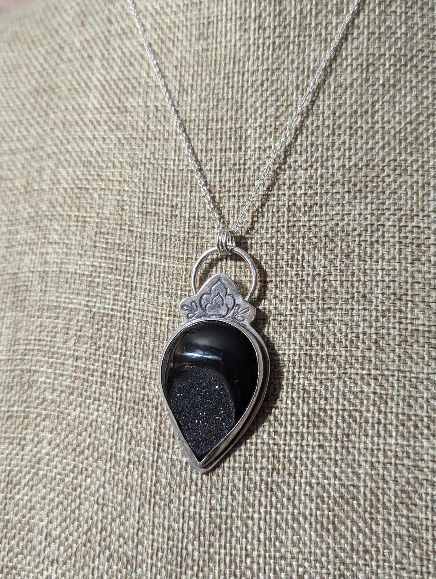 Black Druzy Stamped Sterling Silver Necklace