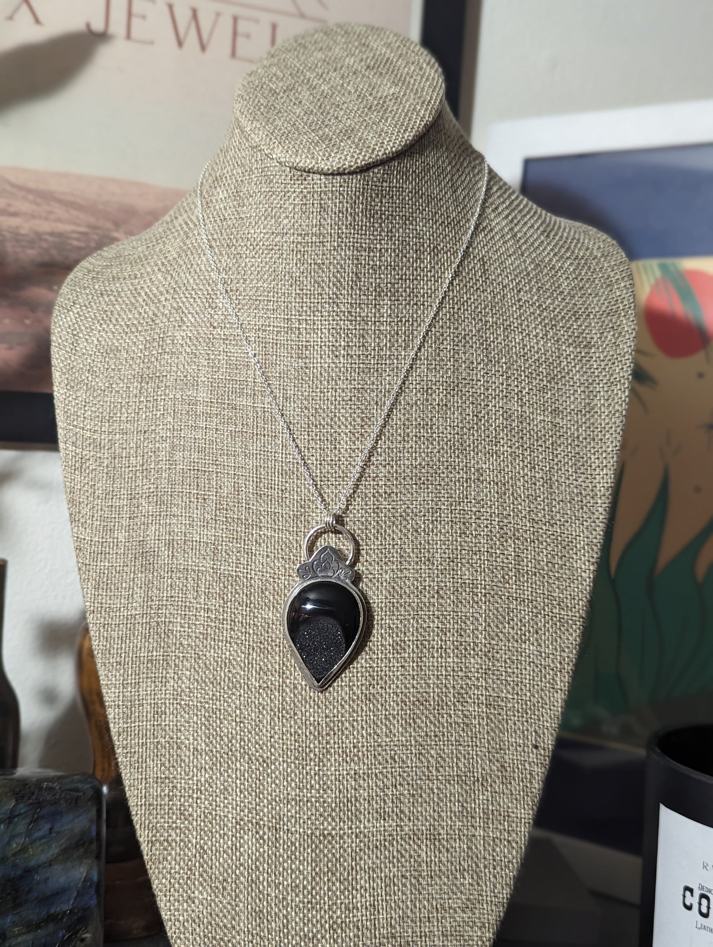 Black Druzy Stamped Sterling Silver Necklace