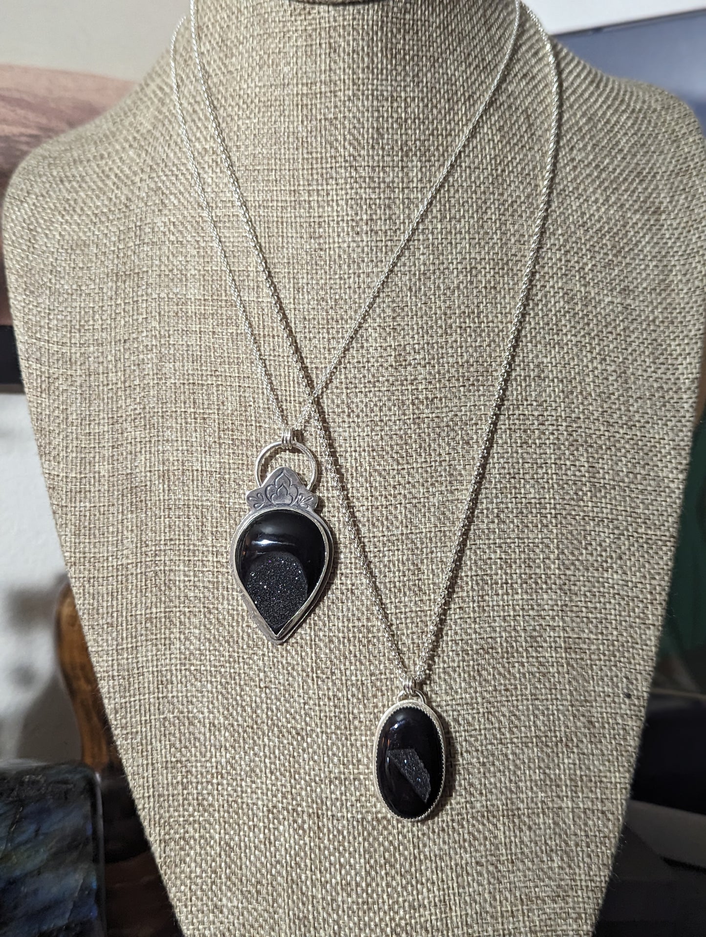 Black Druzy Stamped Sterling Silver Necklace