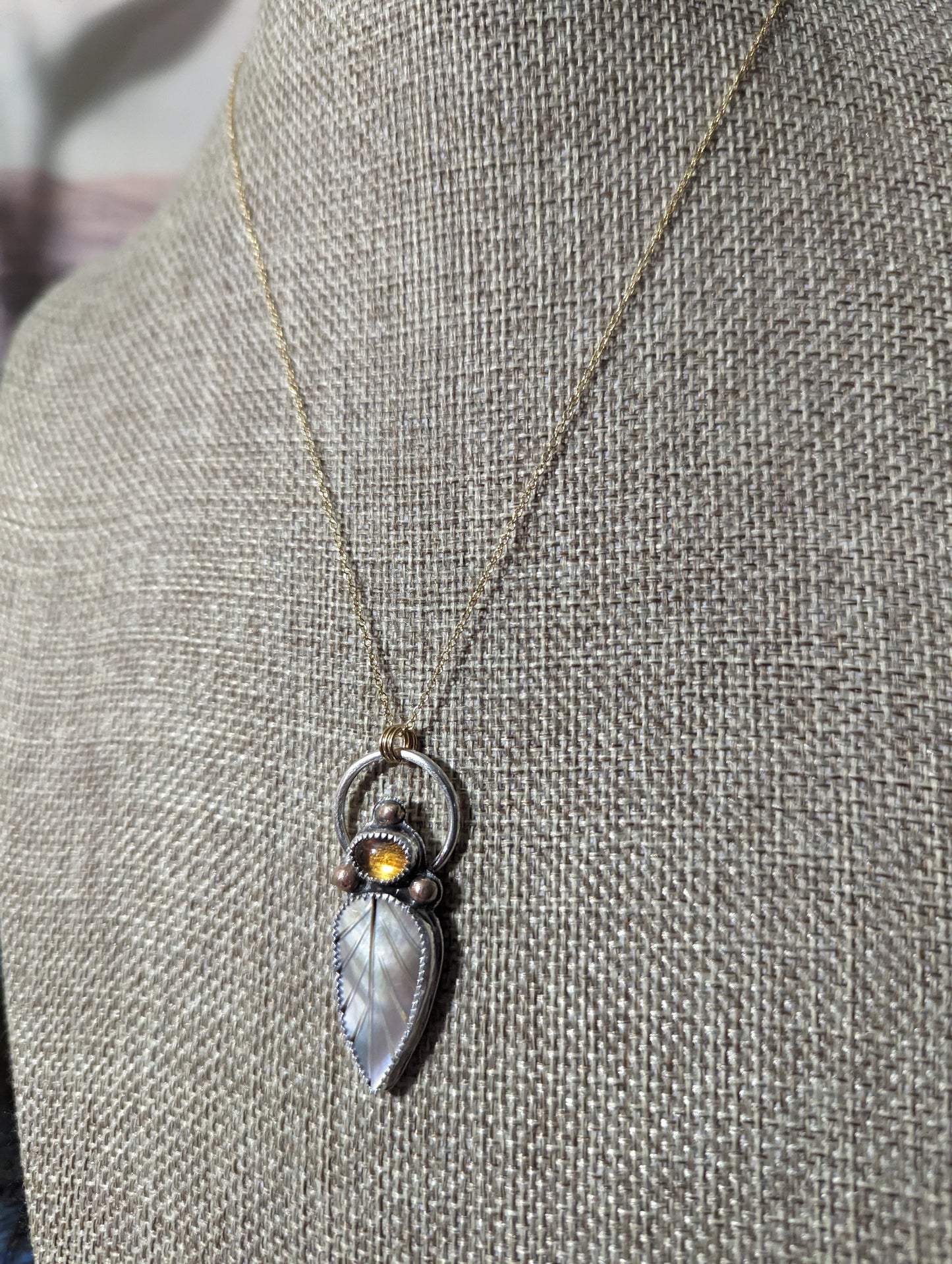 Mother of Pearl Leaf with Citrine Mixed Metal 14kGF and Sterling Silver Necklace