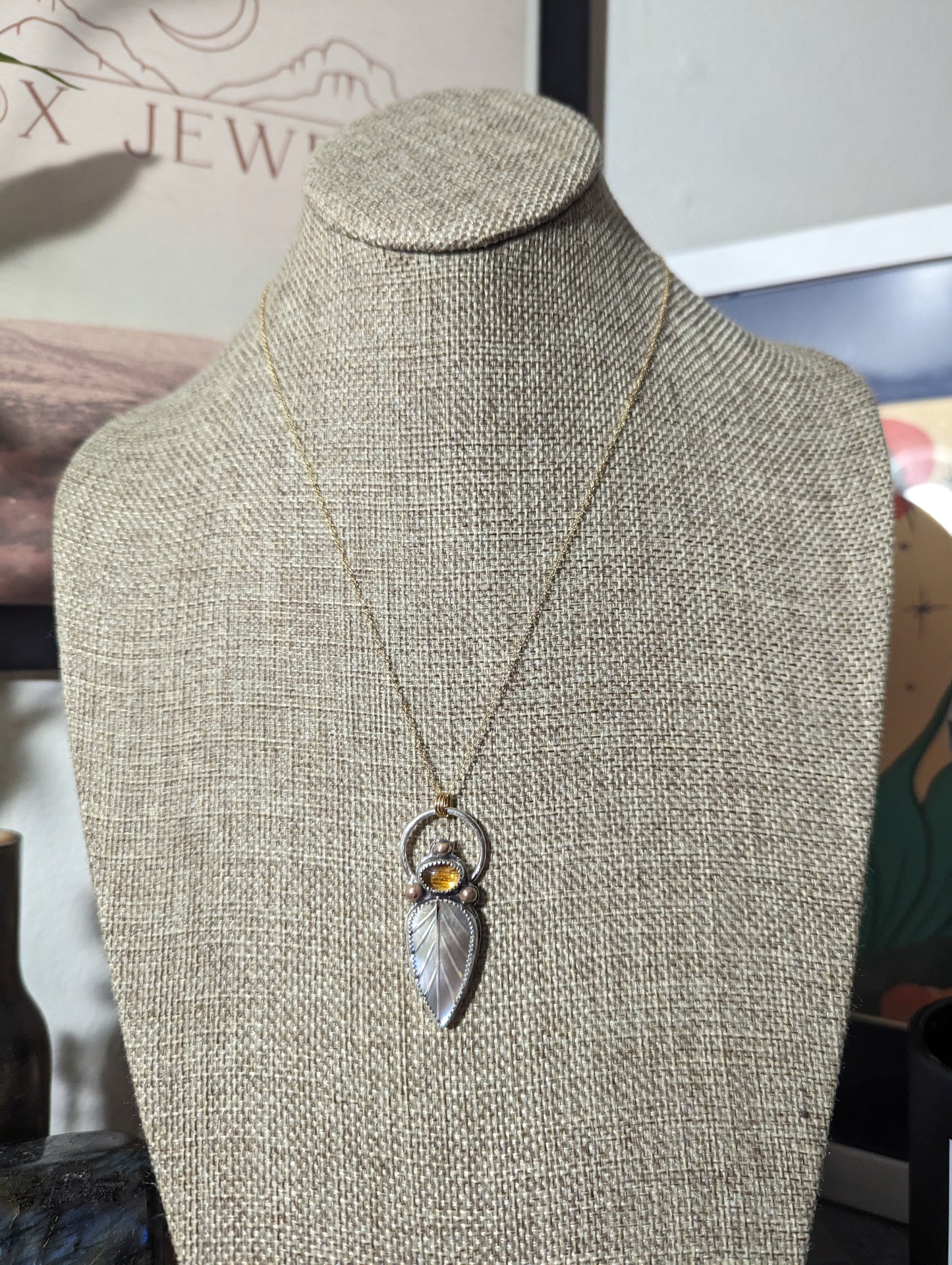 Mother of Pearl Leaf with Citrine Mixed Metal 14kGF and Sterling Silver Necklace