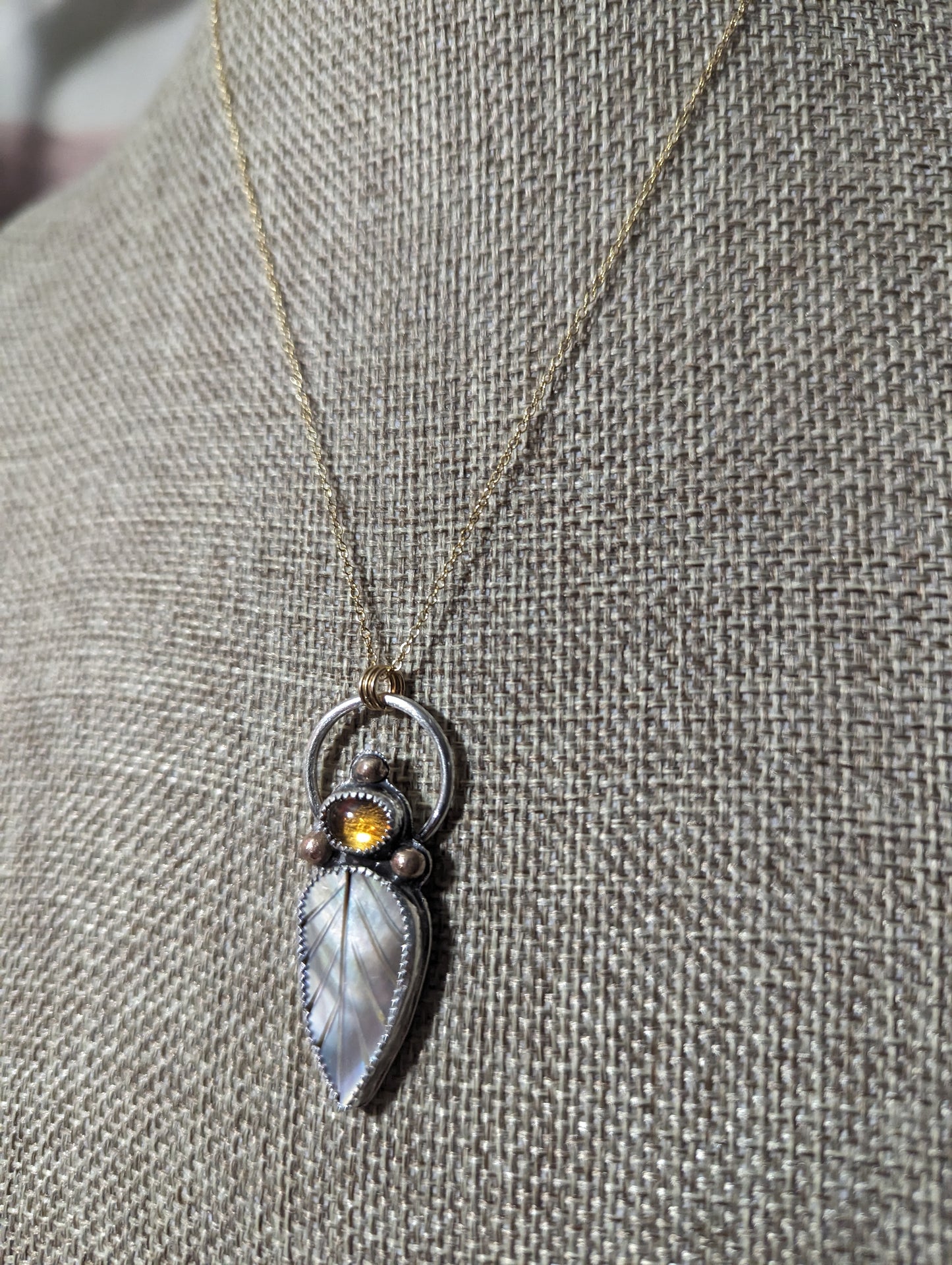 Mother of Pearl Leaf with Citrine Mixed Metal 14kGF and Sterling Silver Necklace