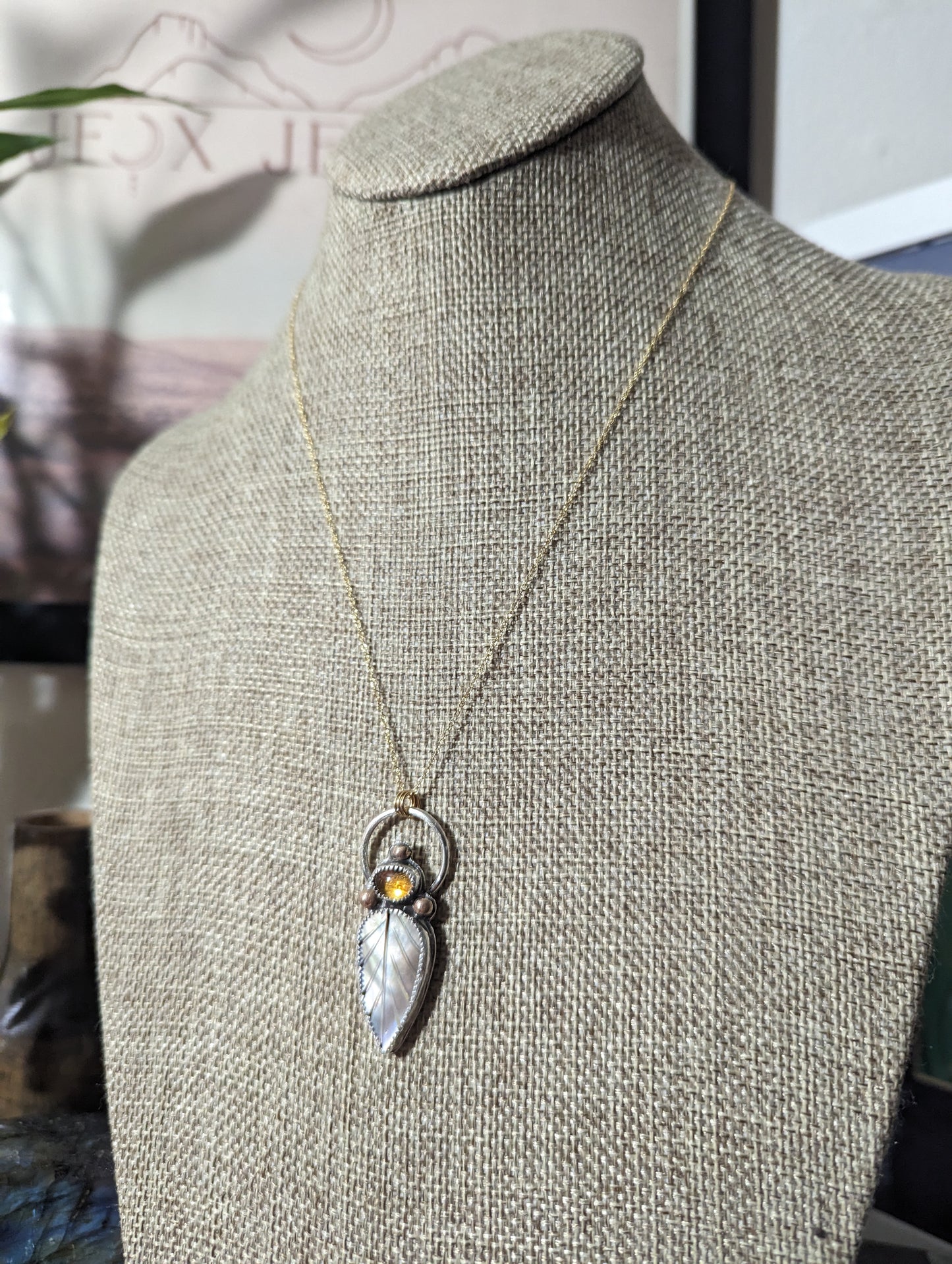 Mother of Pearl Leaf with Citrine Mixed Metal 14kGF and Sterling Silver Necklace