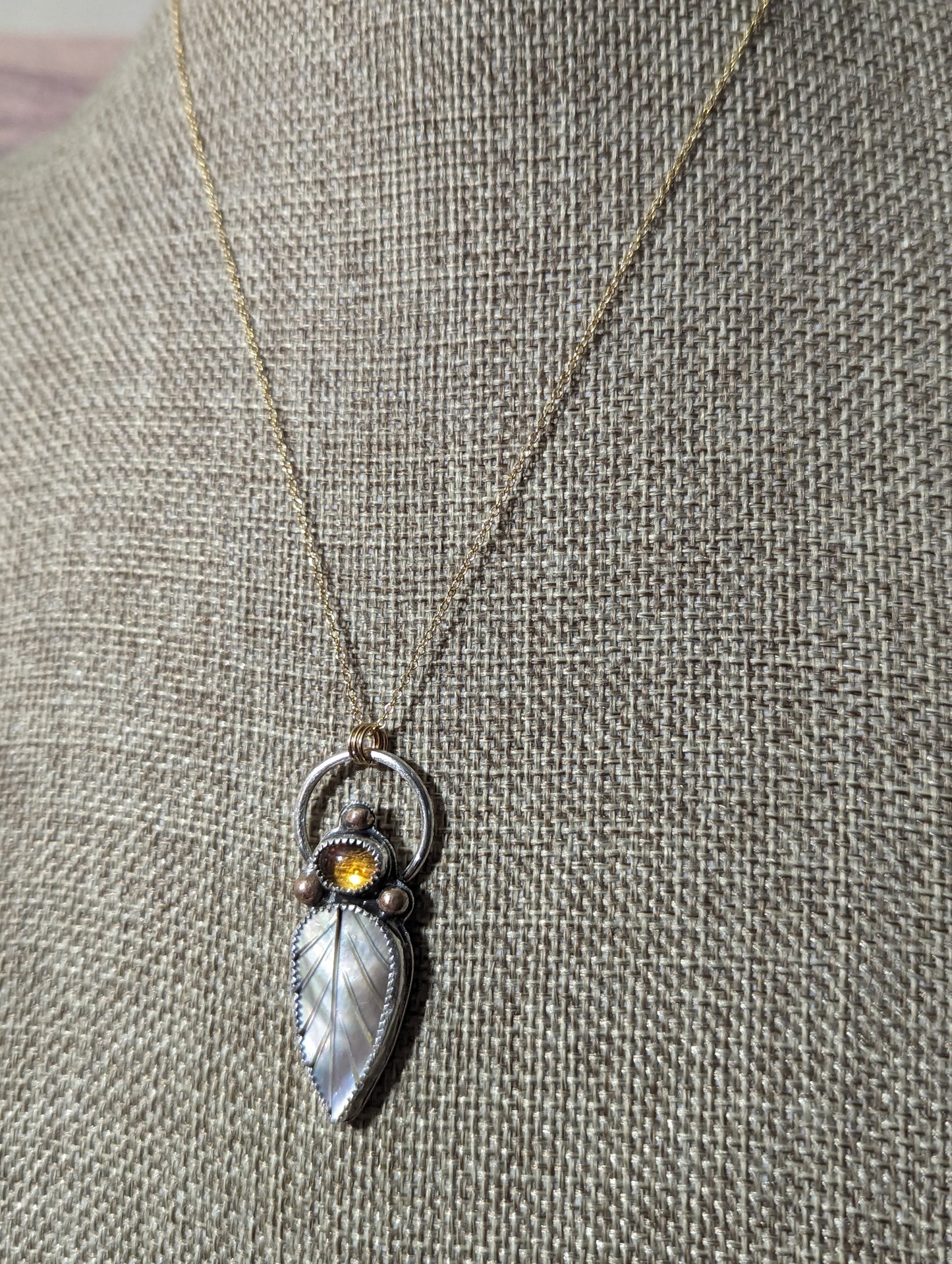 Mother of Pearl Leaf with Citrine Mixed Metal 14kGF and Sterling Silver Necklace