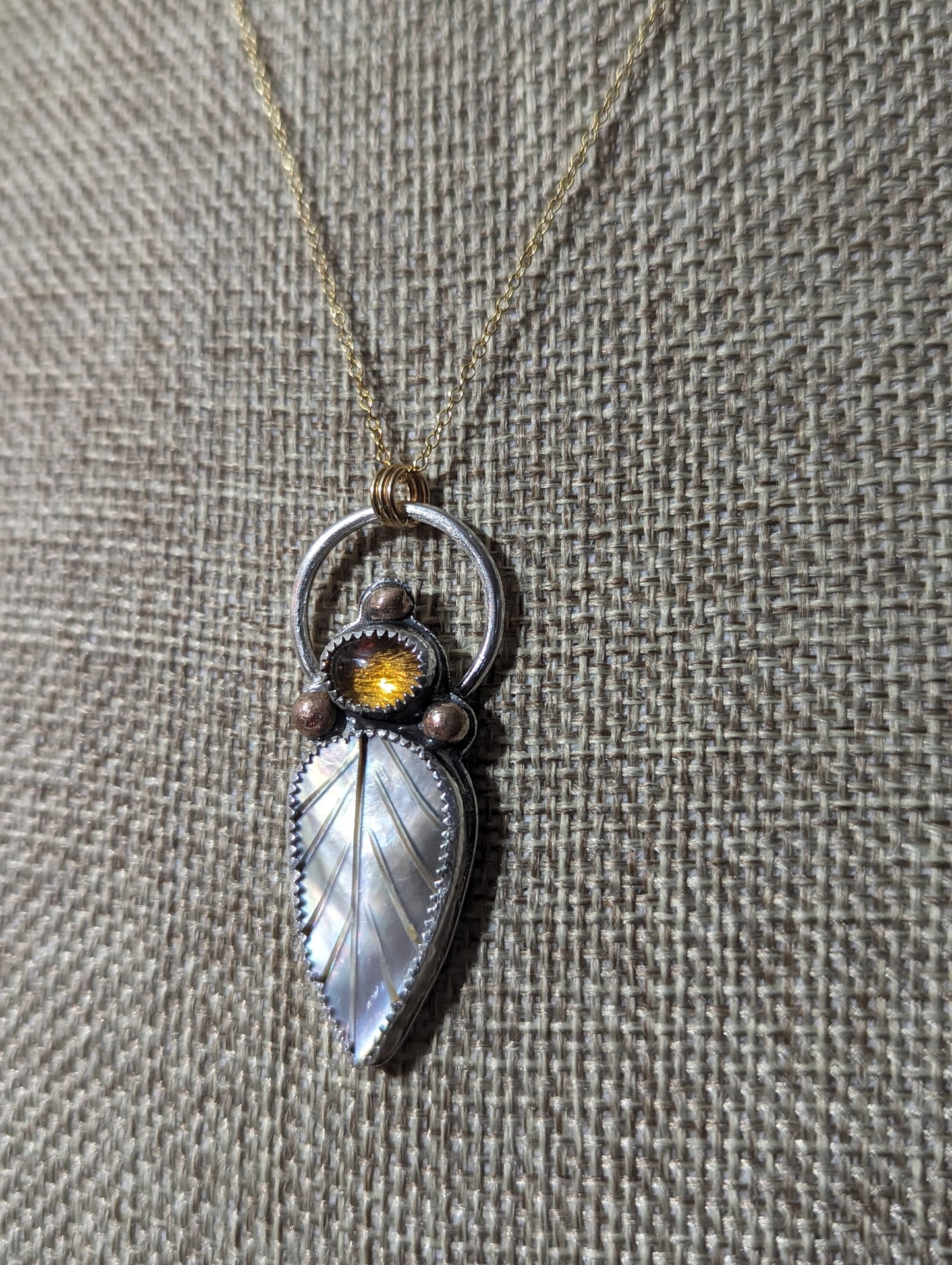 Mother of Pearl Leaf with Citrine Mixed Metal 14kGF and Sterling Silver Necklace