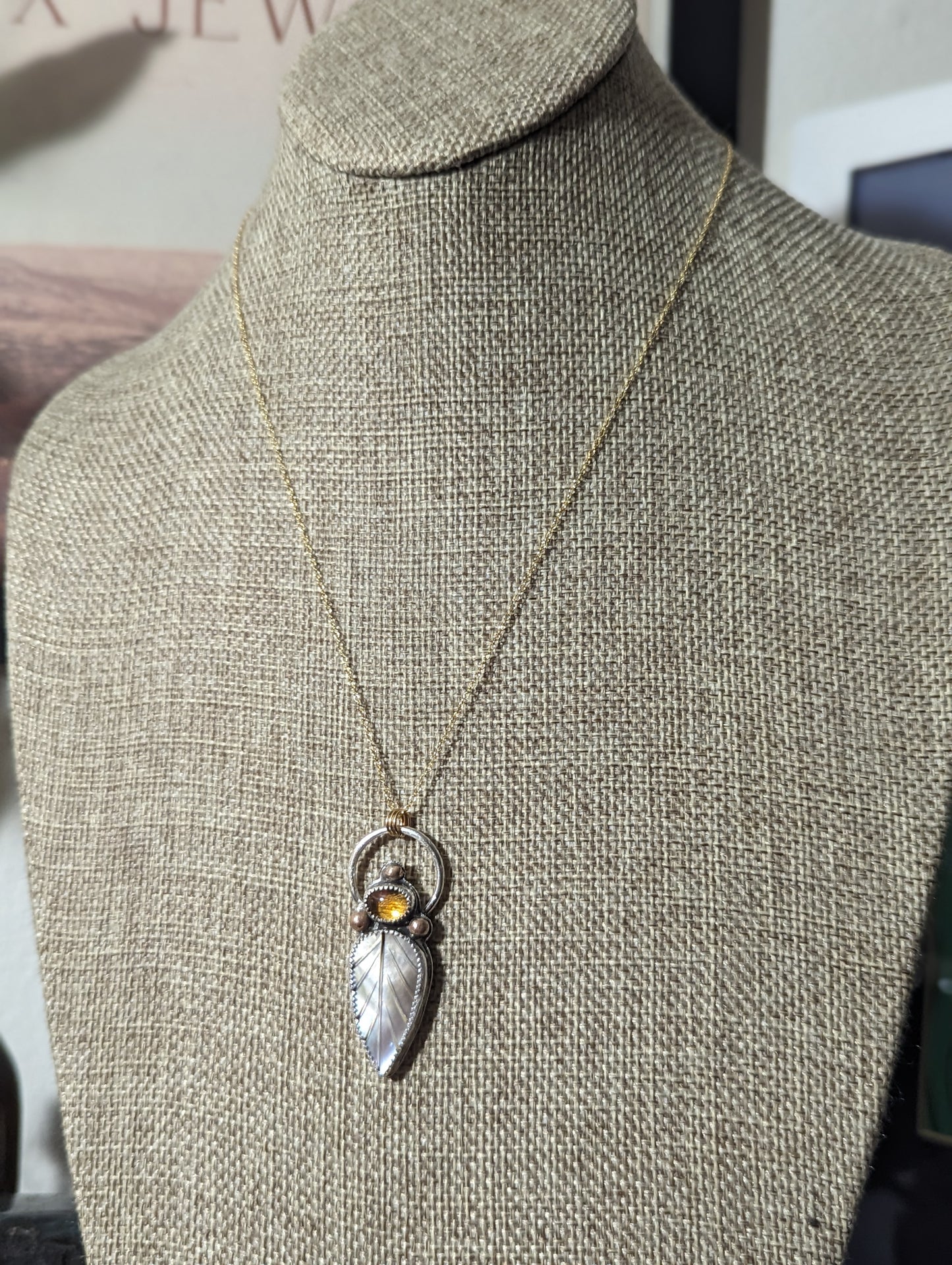 Mother of Pearl Leaf with Citrine Mixed Metal 14kGF and Sterling Silver Necklace