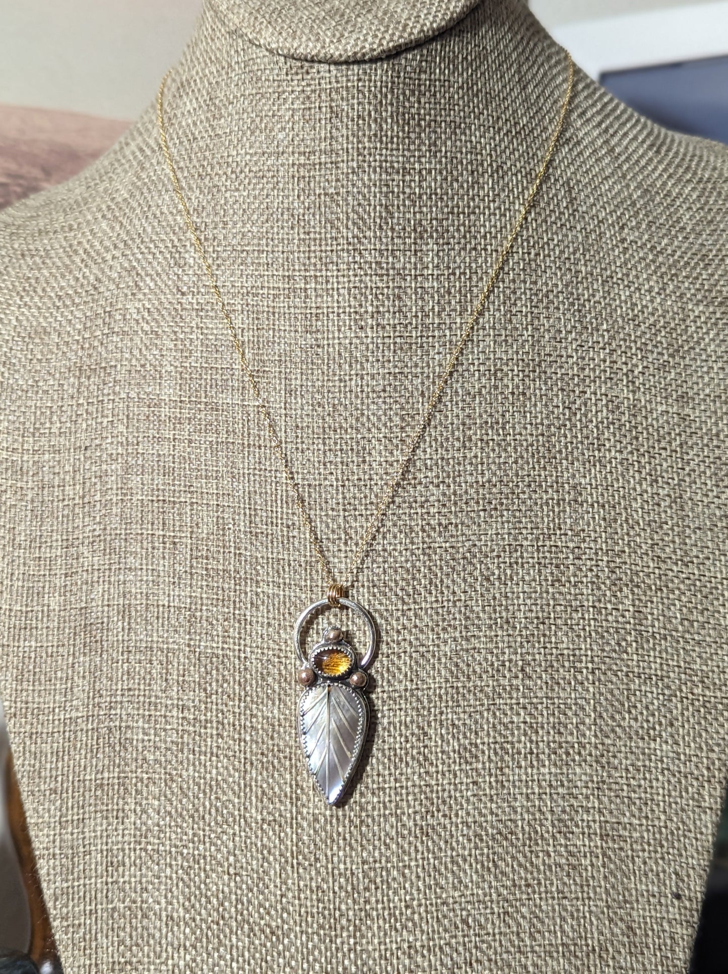 Mother of Pearl Leaf with Citrine Mixed Metal 14kGF and Sterling Silver Necklace